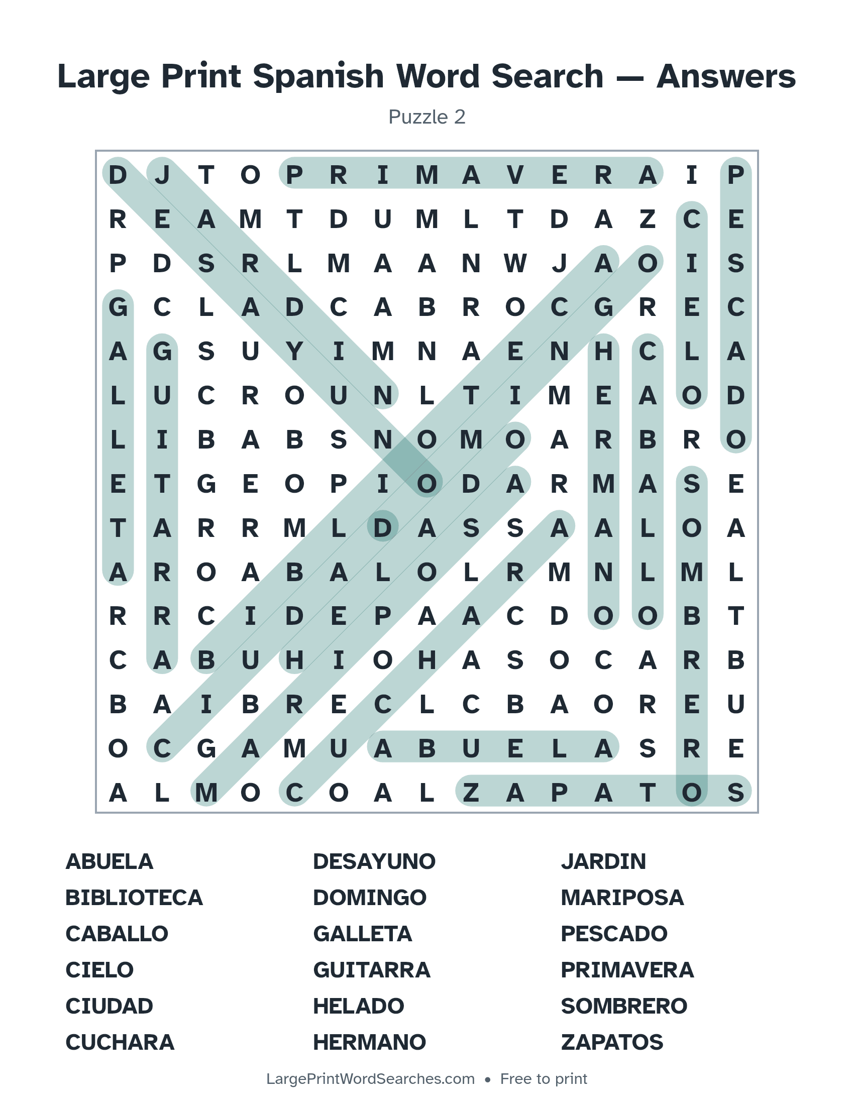 Answer key for large print spanish word search puzzle 2 with every hidden word highlighted