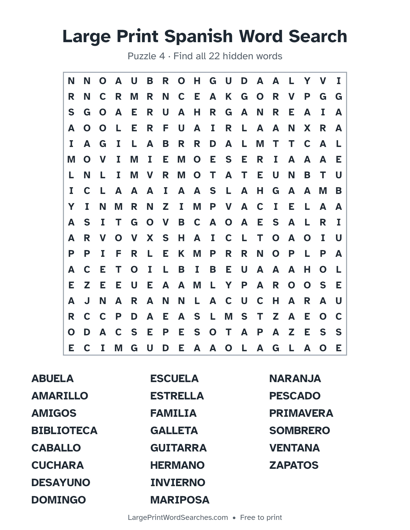 Large Print Spanish Word Search puzzle 4: a 18 by 18 letter grid with 22 hidden words in large print