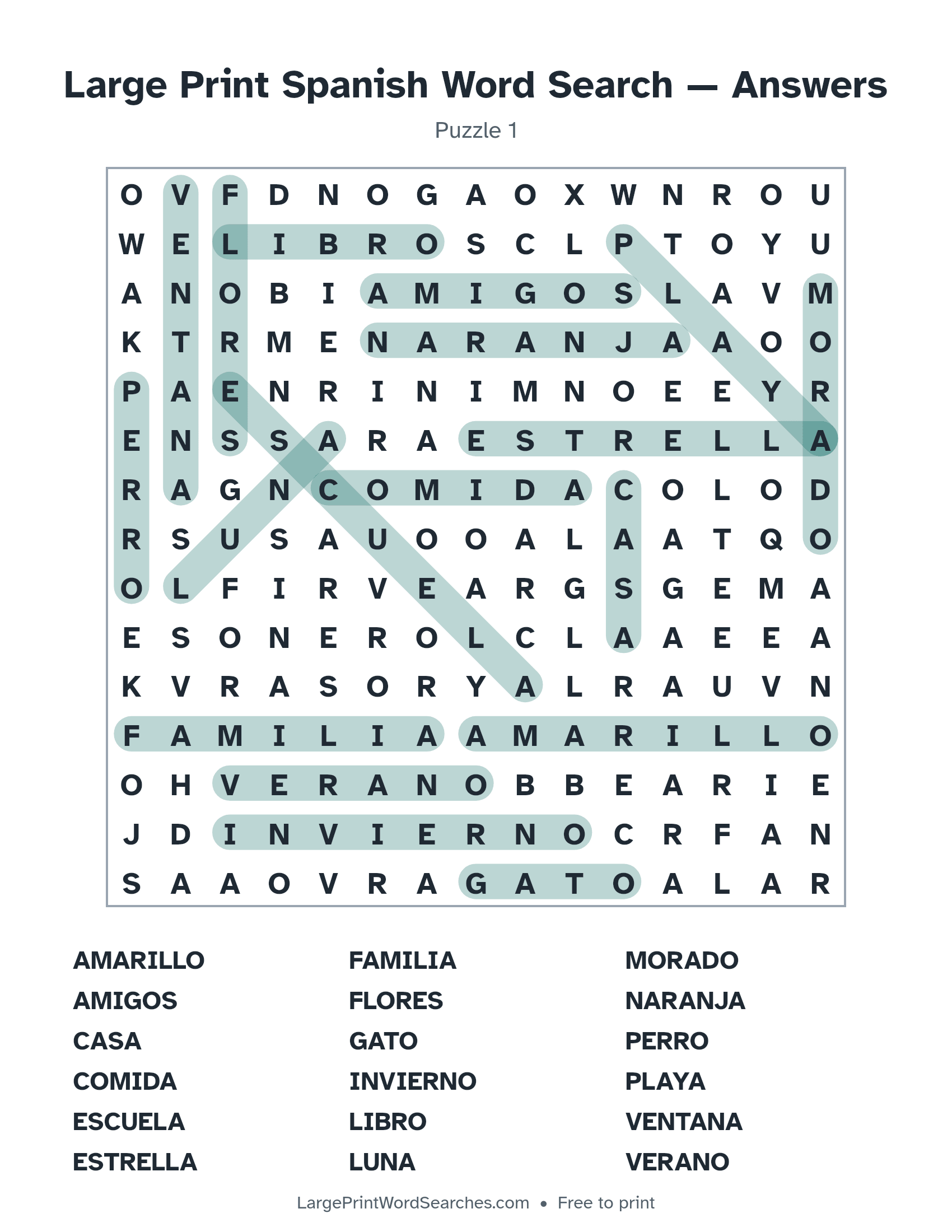 Answer key for large print spanish word search puzzle 1 with every hidden word highlighted