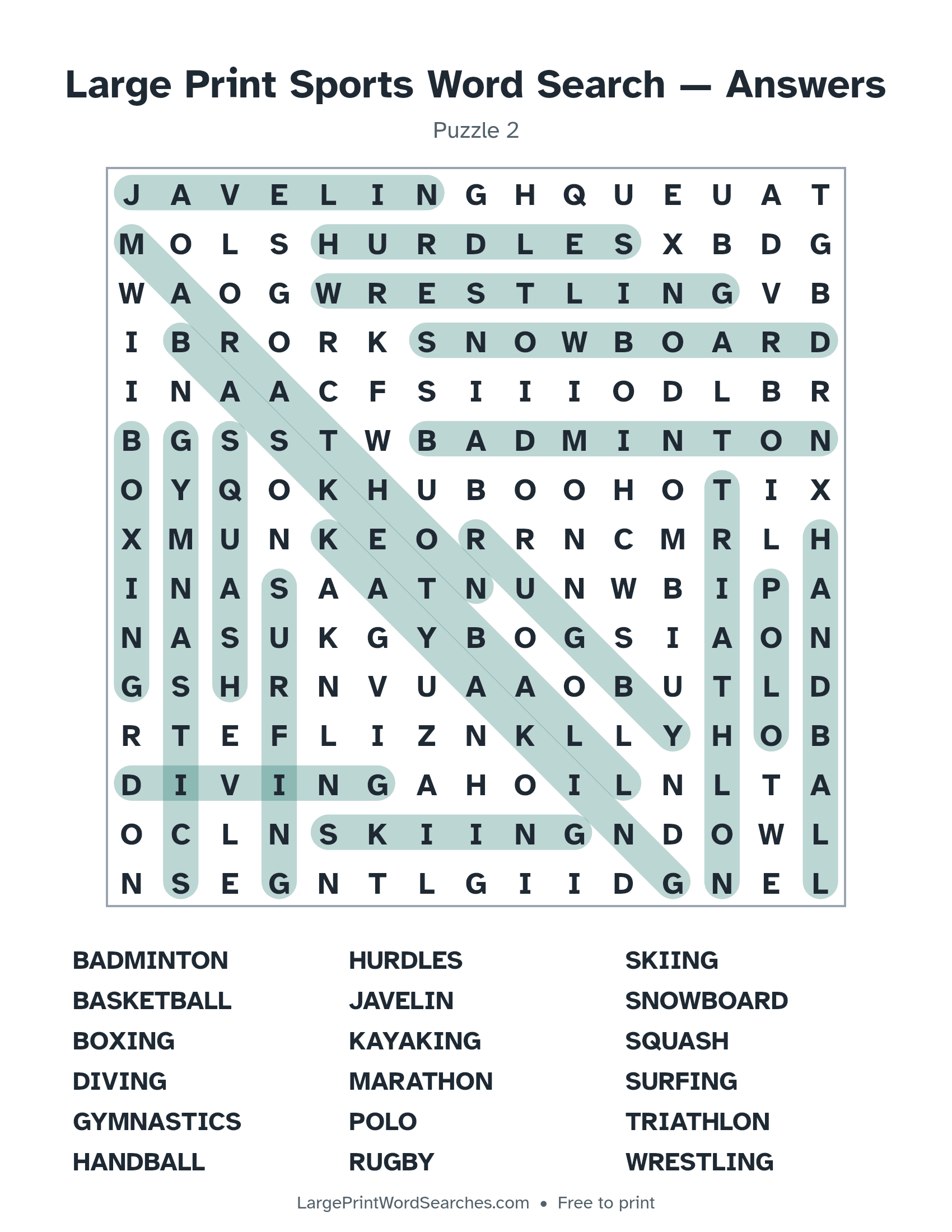 Answer key for large print sports word search puzzle 2 with every hidden word highlighted