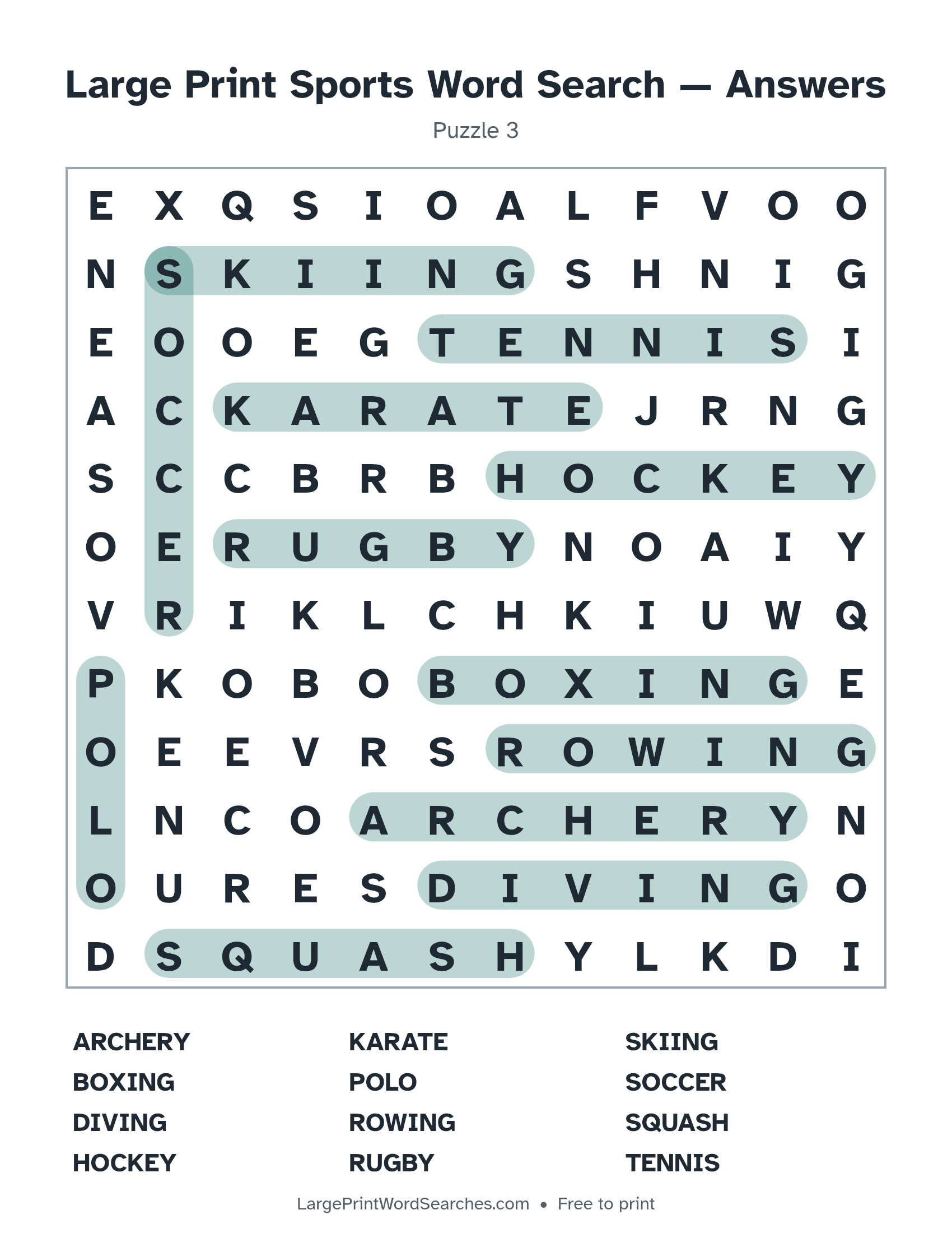 Answer key for large print sports word search puzzle 3 with every hidden word highlighted