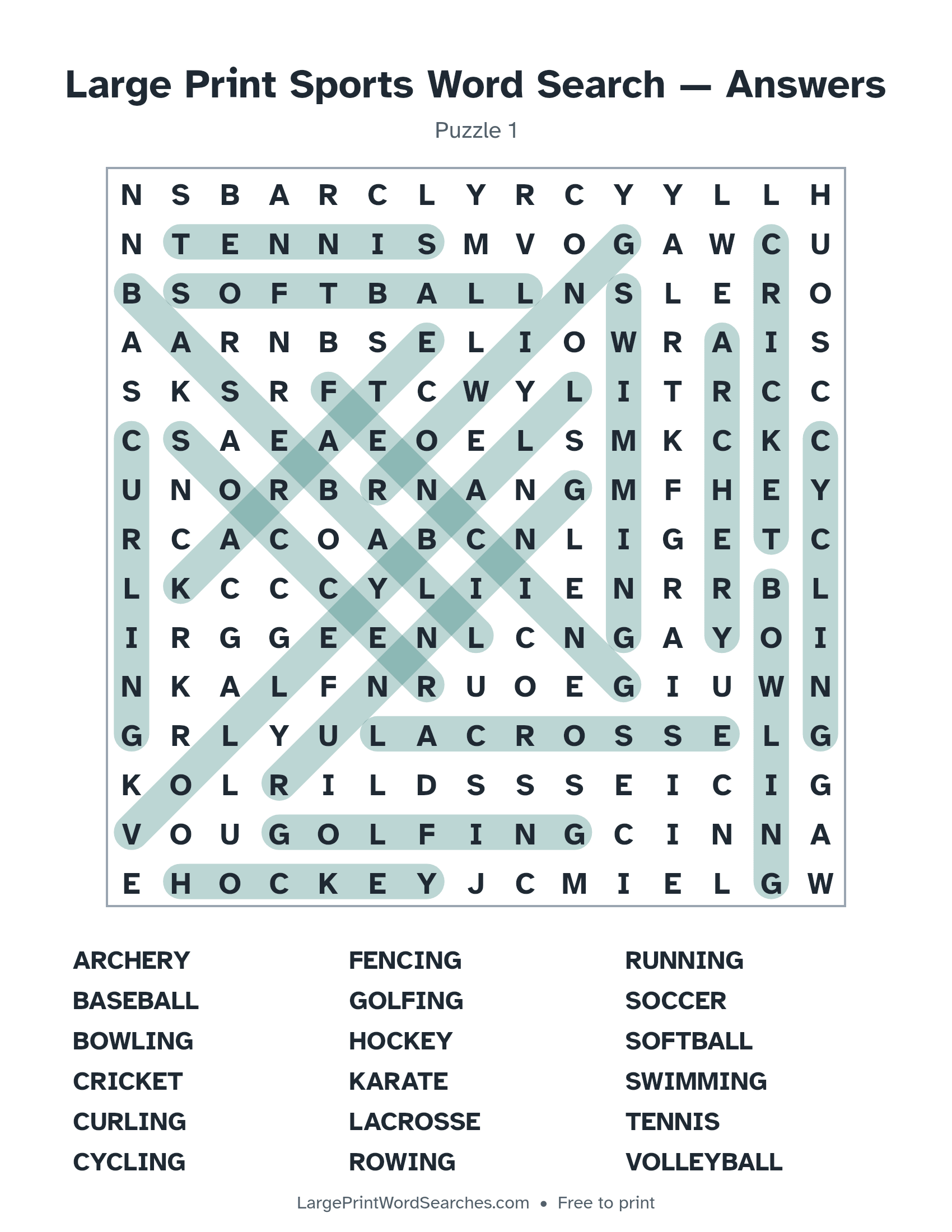 Answer key for large print sports word search puzzle 1 with every hidden word highlighted