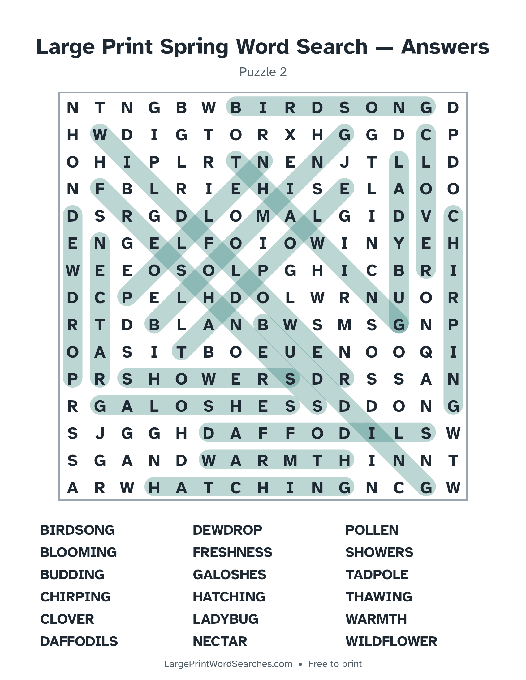 Answer key for large print spring word search puzzle 2 with every hidden word highlighted