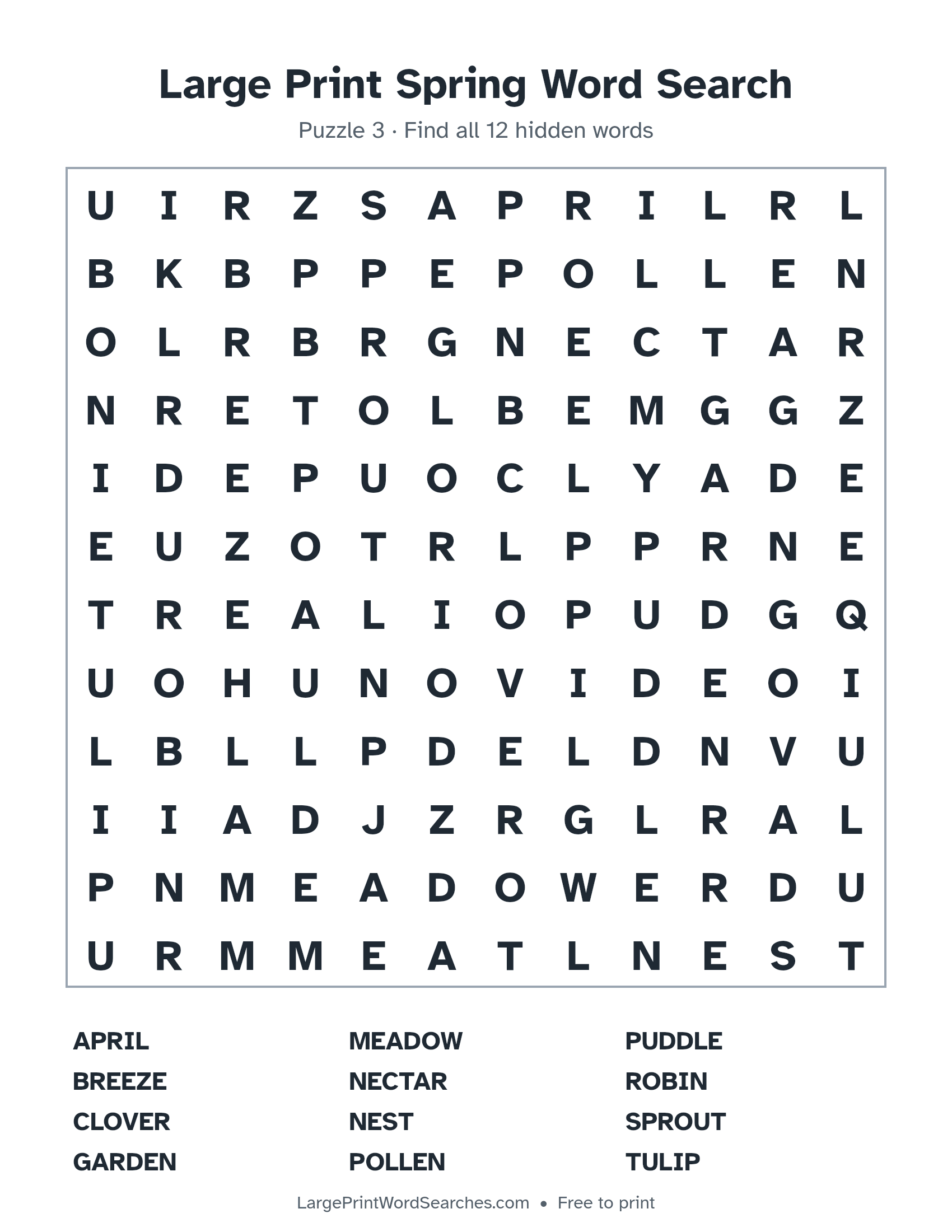 Large Print Spring Word Search puzzle 3: a 12 by 12 letter grid with 12 hidden words in large print