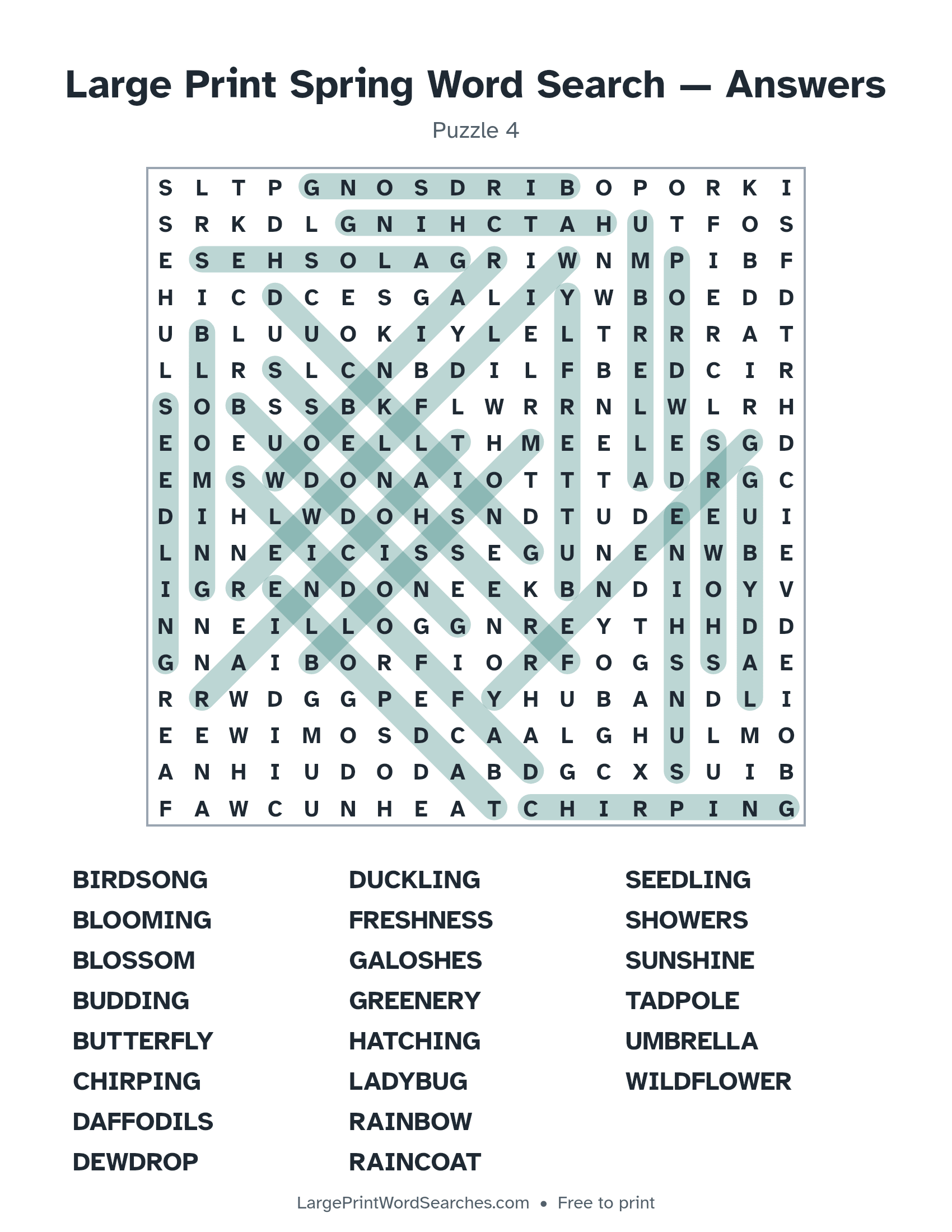 Answer key for large print spring word search puzzle 4 with every hidden word highlighted