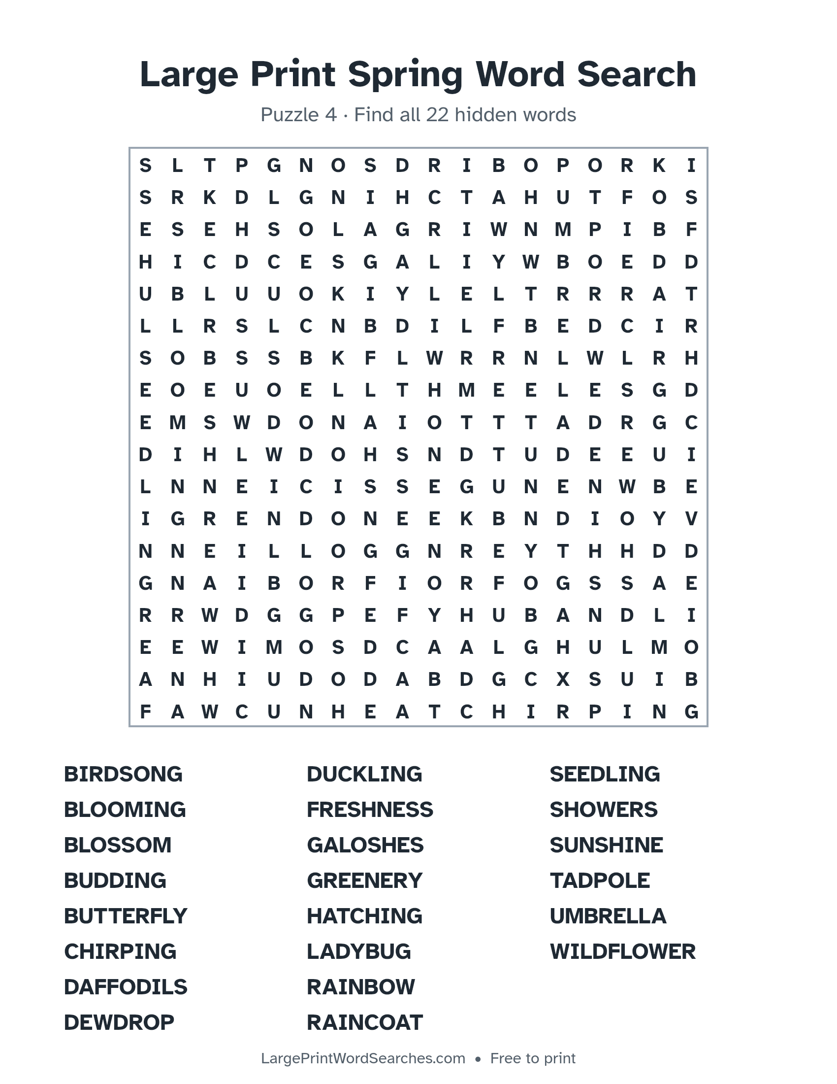 Large Print Spring Word Search puzzle 4: a 18 by 18 letter grid with 22 hidden words in large print