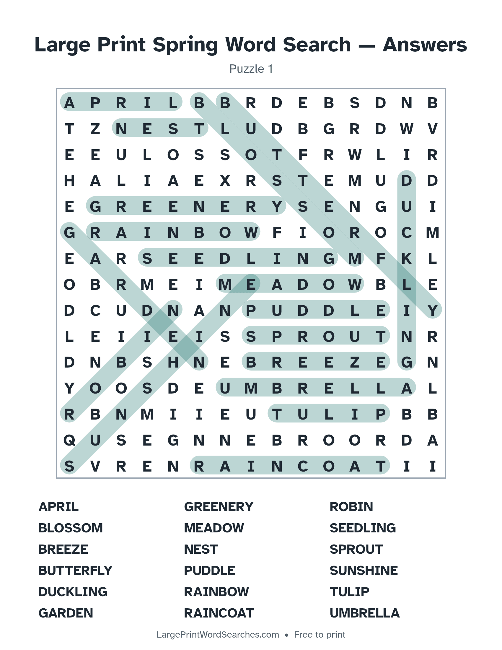 Answer key for large print spring word search puzzle 1 with every hidden word highlighted