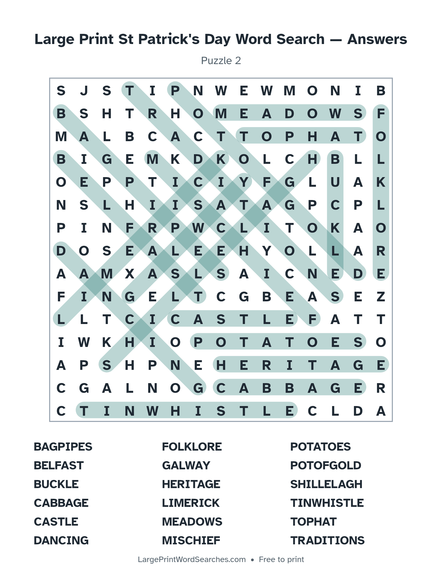 Answer key for large print st patrick's day word search puzzle 2 with every hidden word highlighted