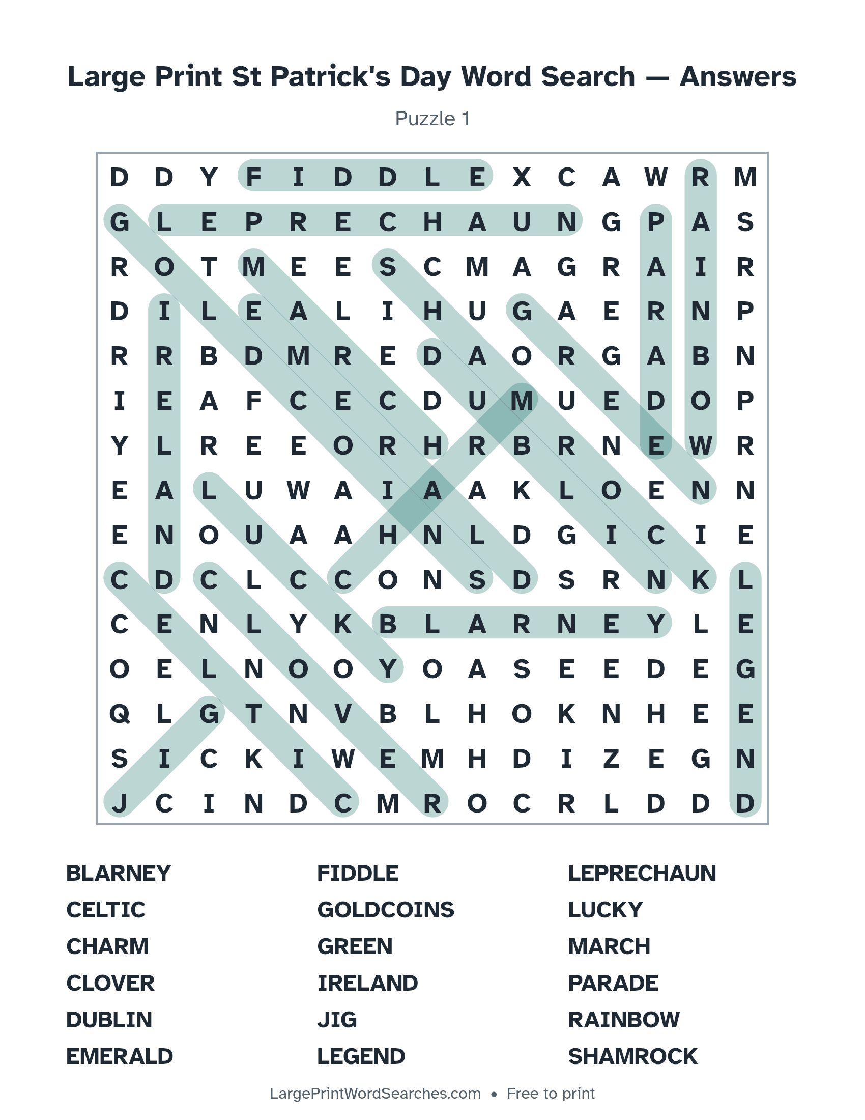 Answer key for large print st patrick's day word search puzzle 1 with every hidden word highlighted