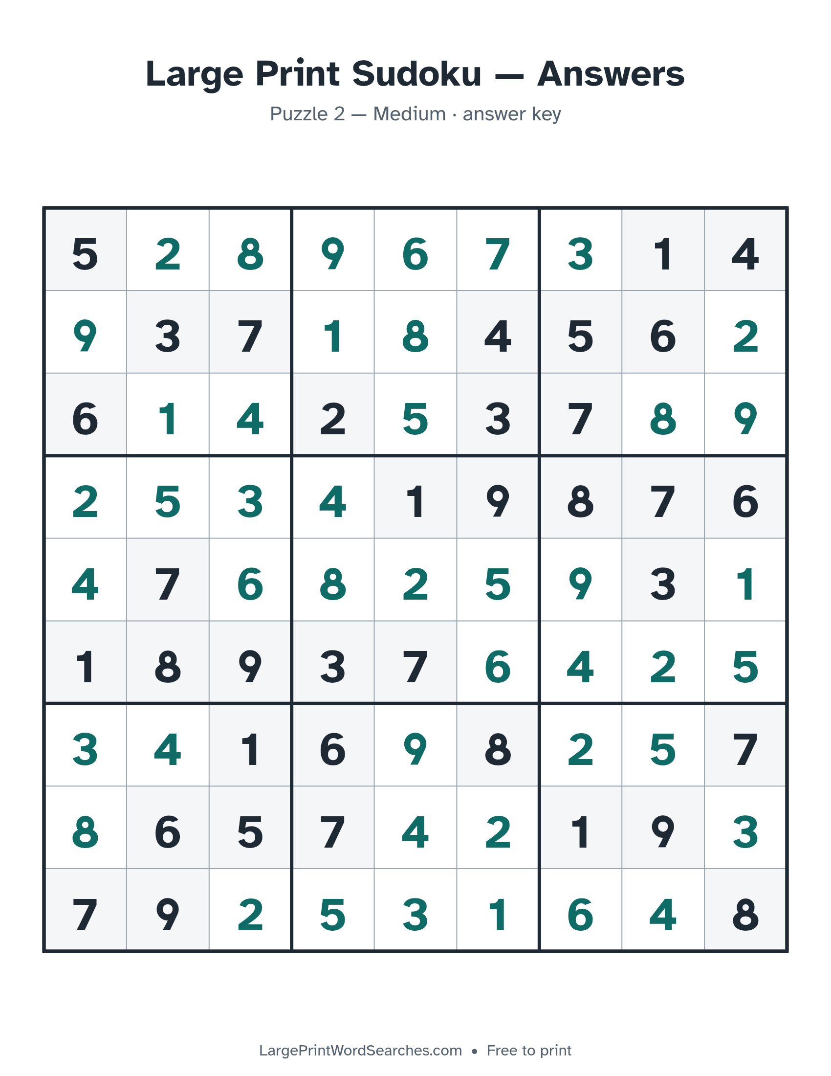 Answer key for large print sudoku puzzle 2, every cell filled in