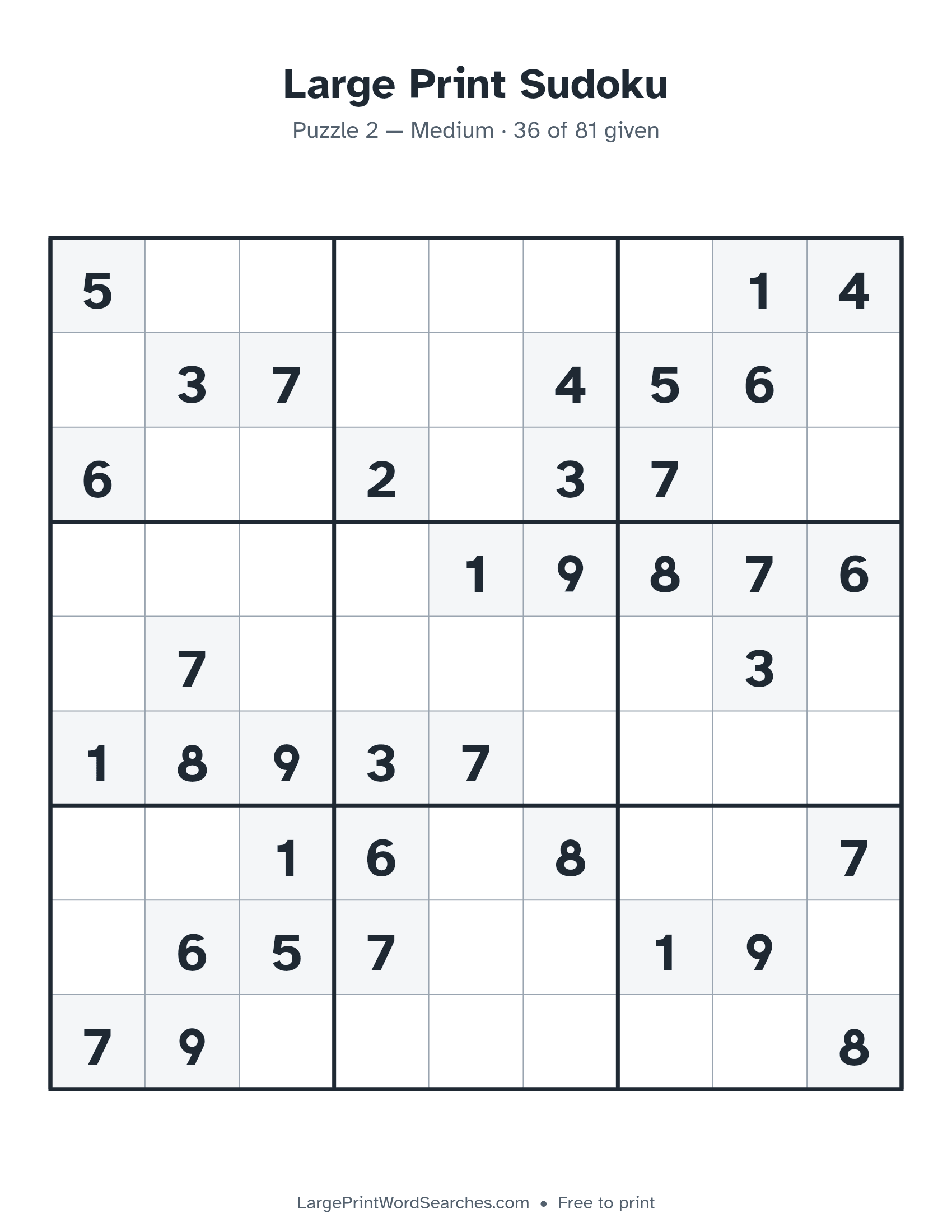Large Print Sudoku puzzle 2: a 9 by 9 sudoku grid in large print, Medium