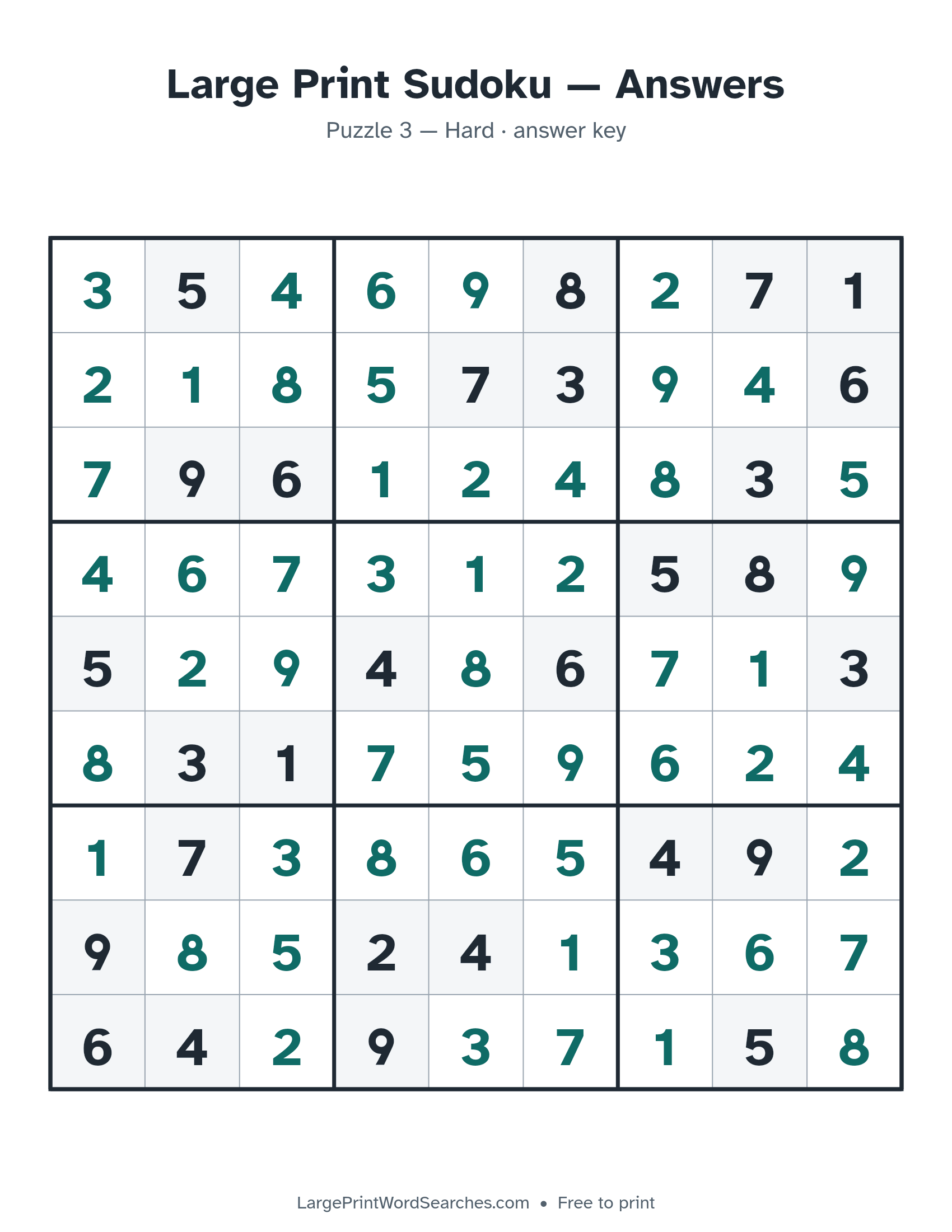 Answer key for large print sudoku puzzle 3, every cell filled in