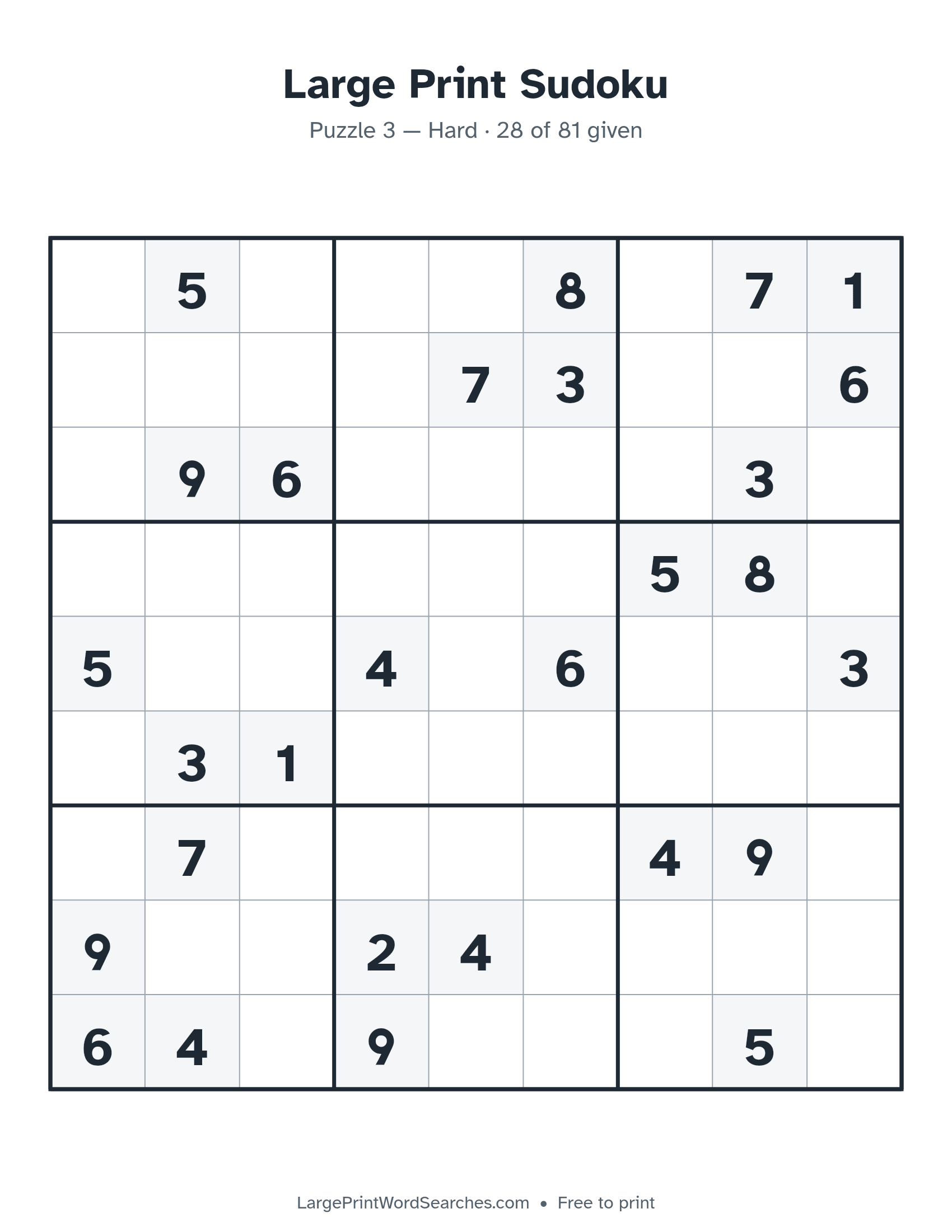 Large Print Sudoku puzzle 3: a 9 by 9 sudoku grid in large print, Hard