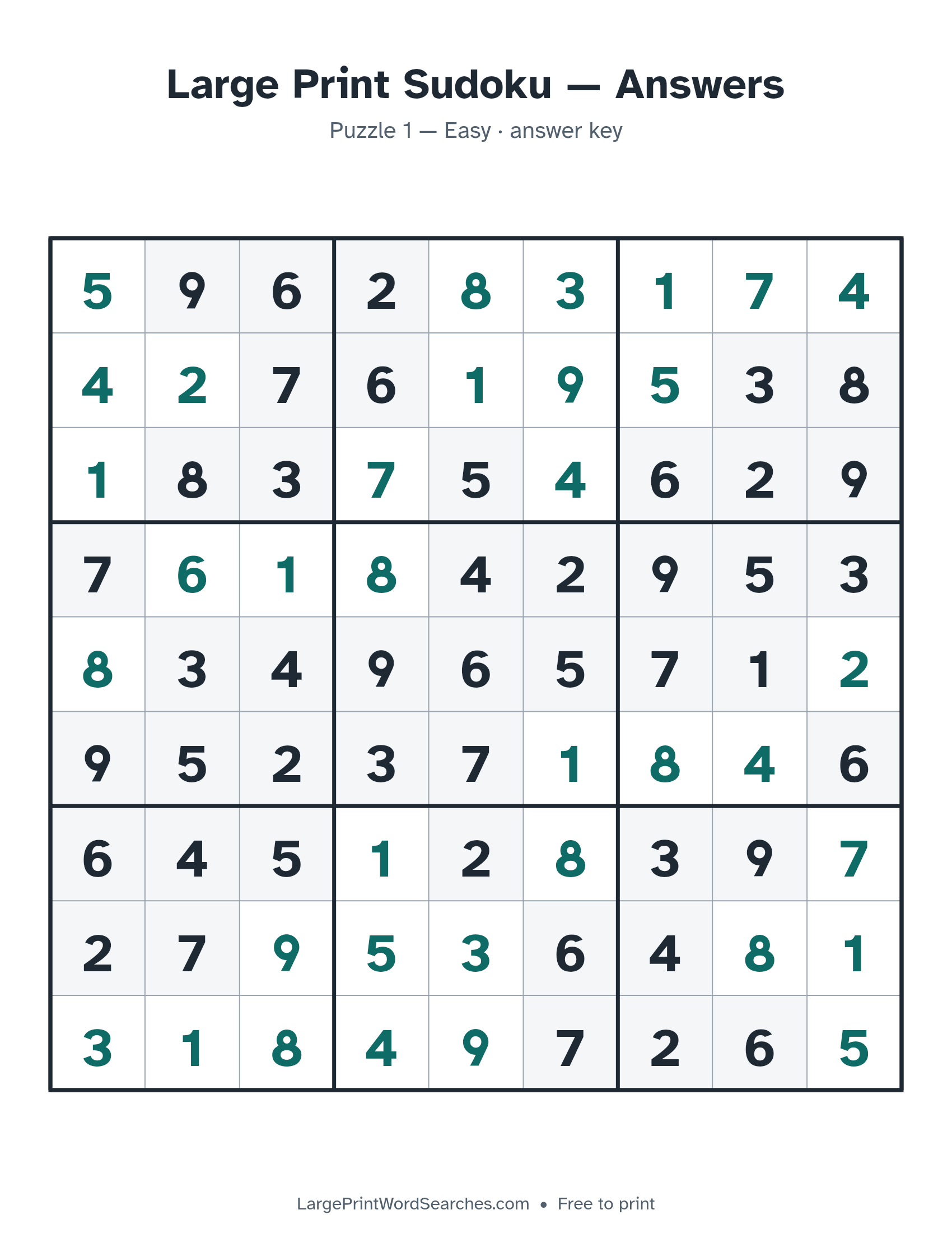 Answer key for large print sudoku puzzle 1, every cell filled in