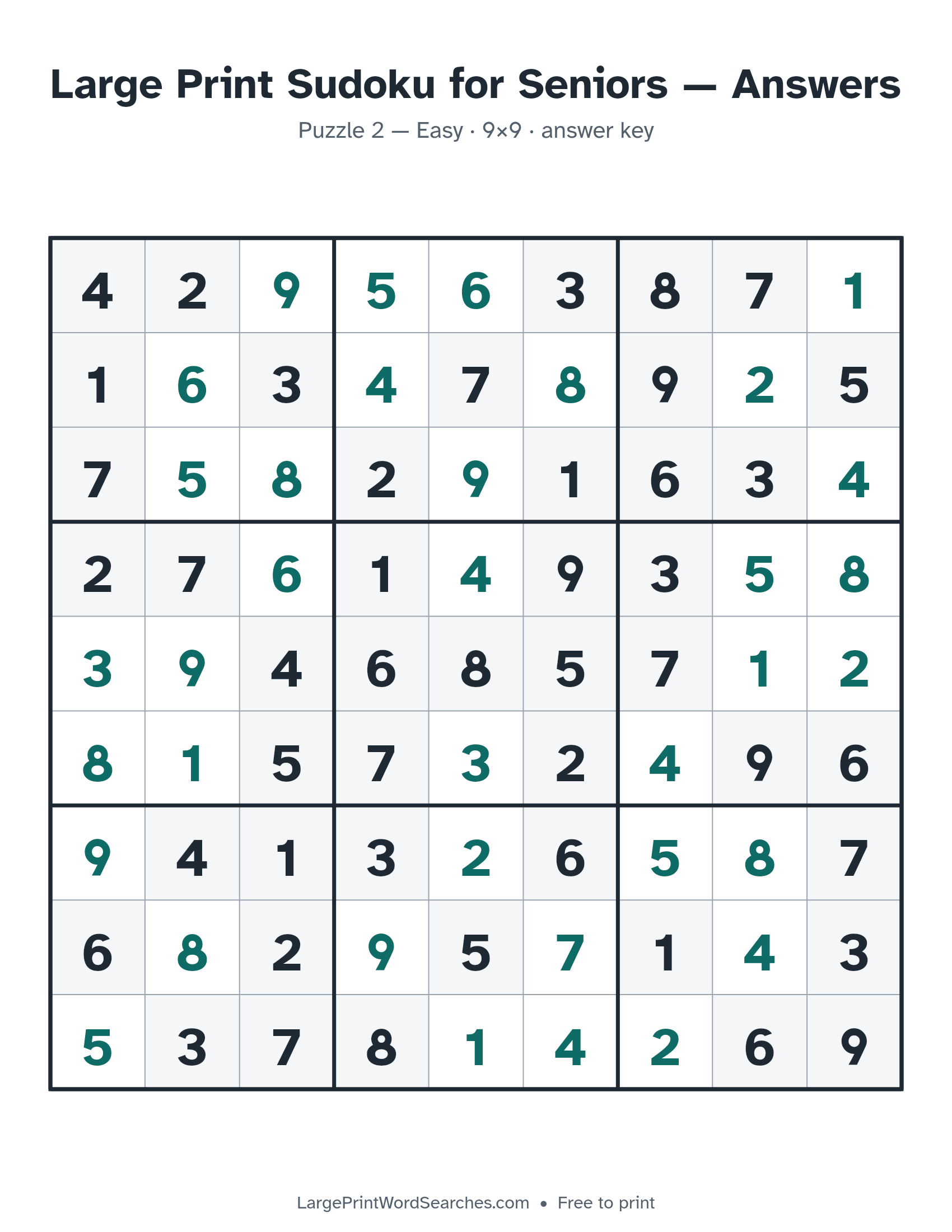 Answer key for large print sudoku for seniors puzzle 2, every cell filled in