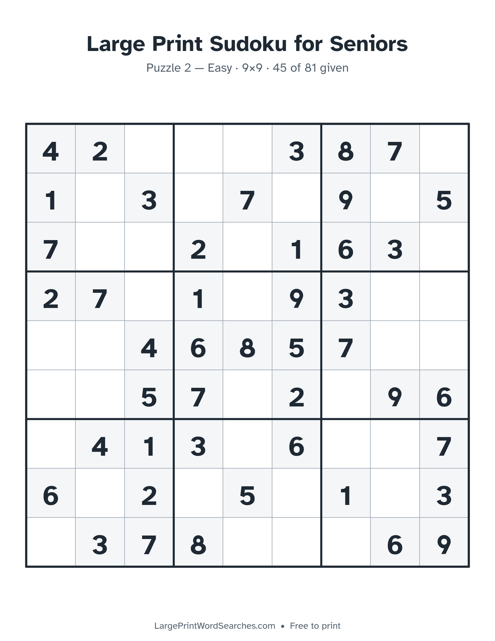 Large Print Sudoku for Seniors puzzle 2: a 9 by 9 sudoku grid in large print, Easy · 9×9
