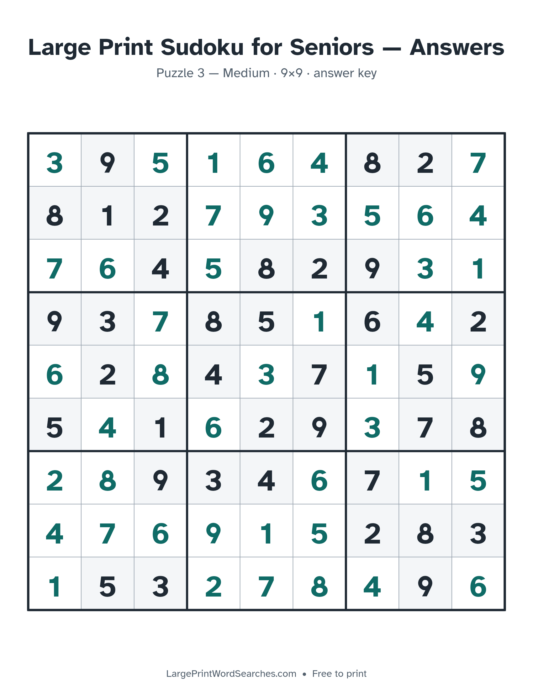 Answer key for large print sudoku for seniors puzzle 3, every cell filled in