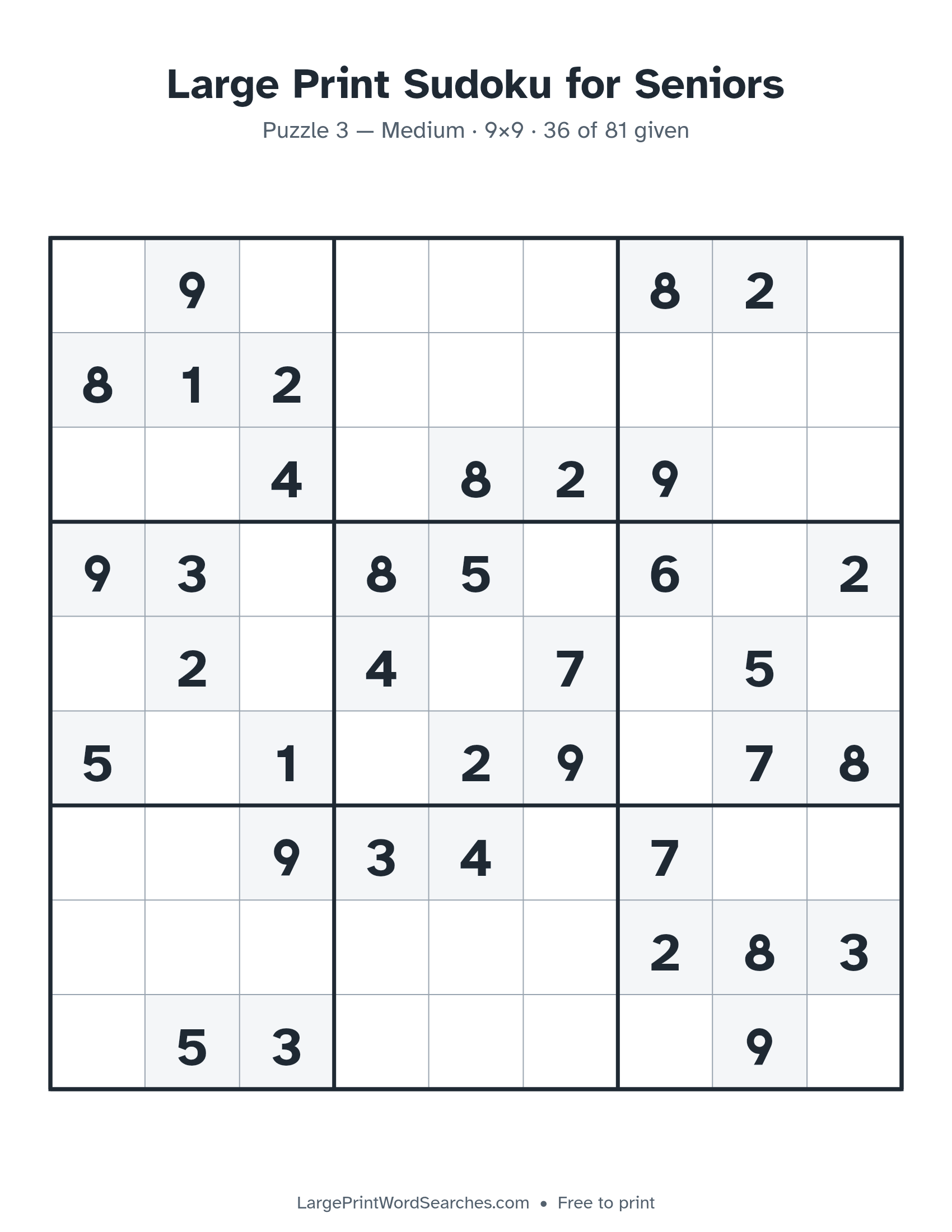 Large Print Sudoku for Seniors puzzle 3: a 9 by 9 sudoku grid in large print, Medium · 9×9