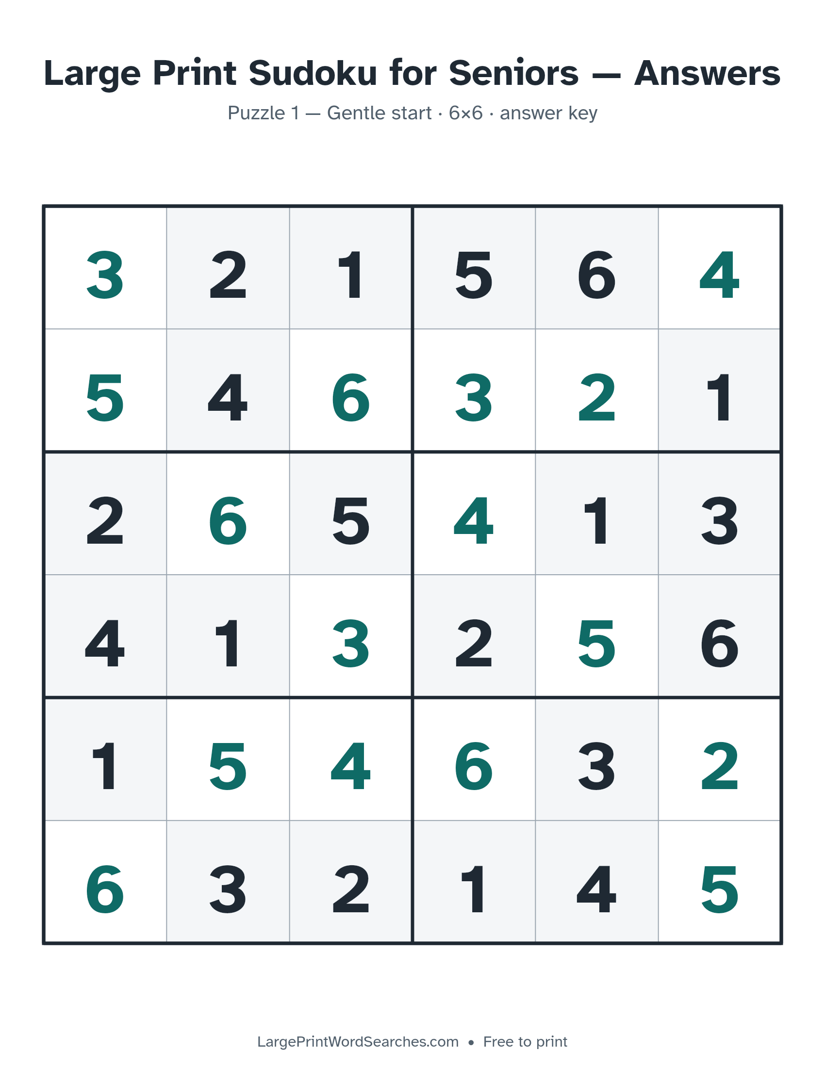 Answer key for large print sudoku for seniors puzzle 1, every cell filled in