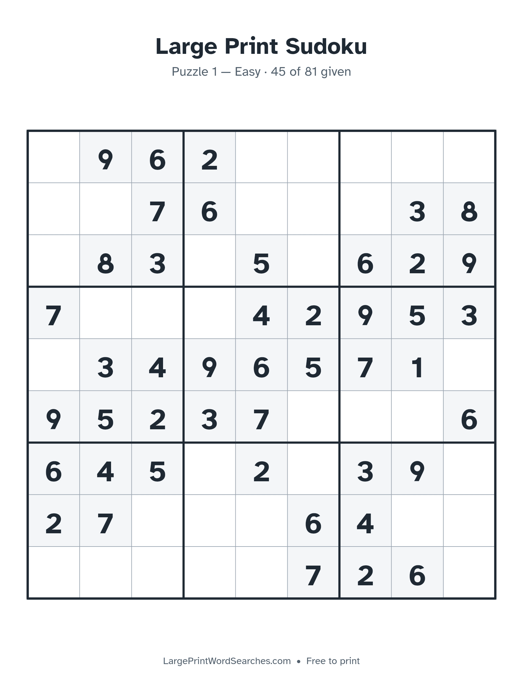 Large Print Sudoku puzzle 1: a 9 by 9 sudoku grid in large print, Easy