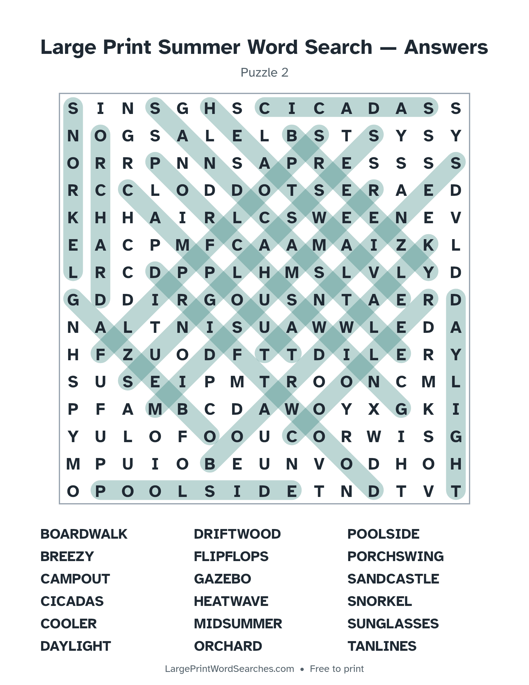 Answer key for large print summer word search puzzle 2 with every hidden word highlighted