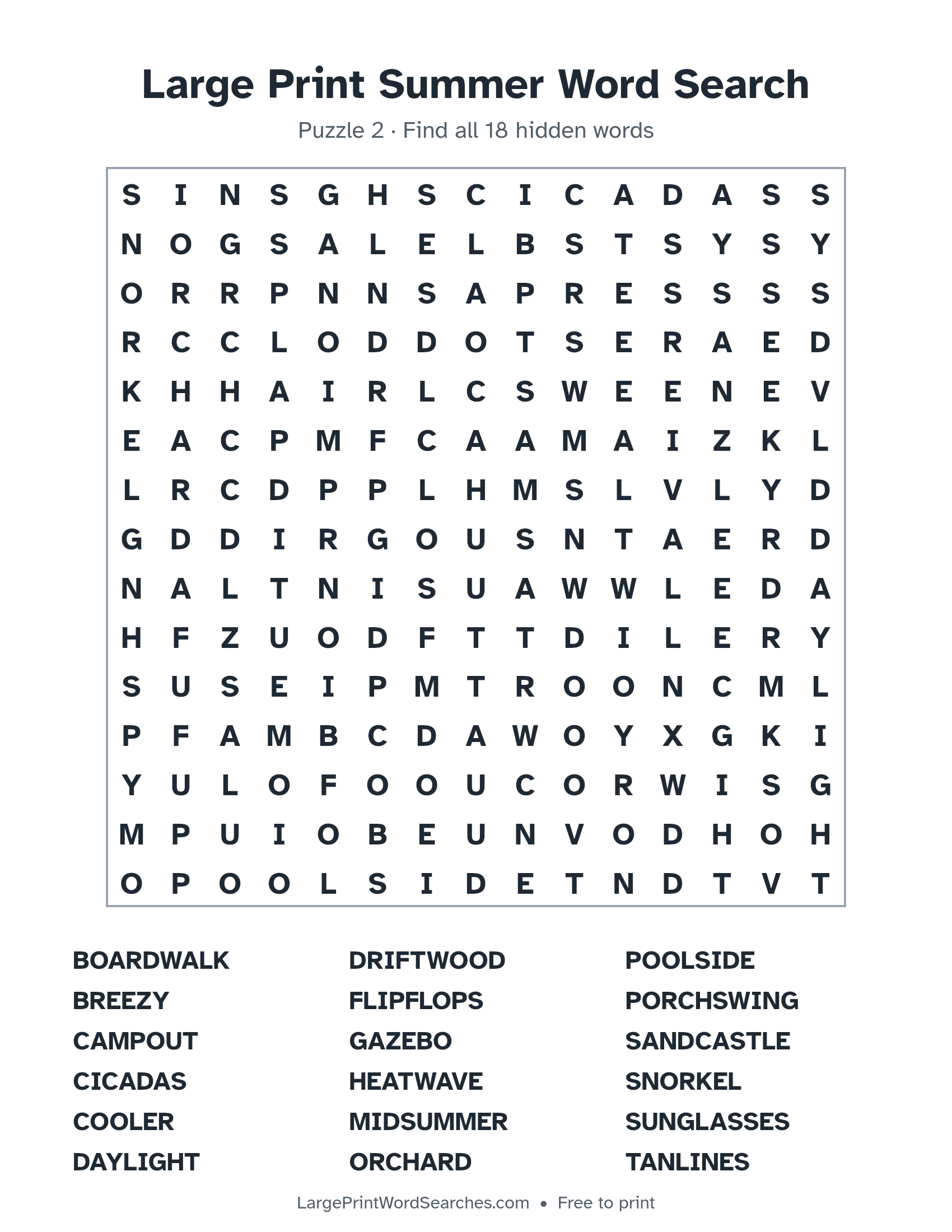 Large Print Summer Word Search puzzle 2: a 15 by 15 letter grid with 18 hidden words in large print