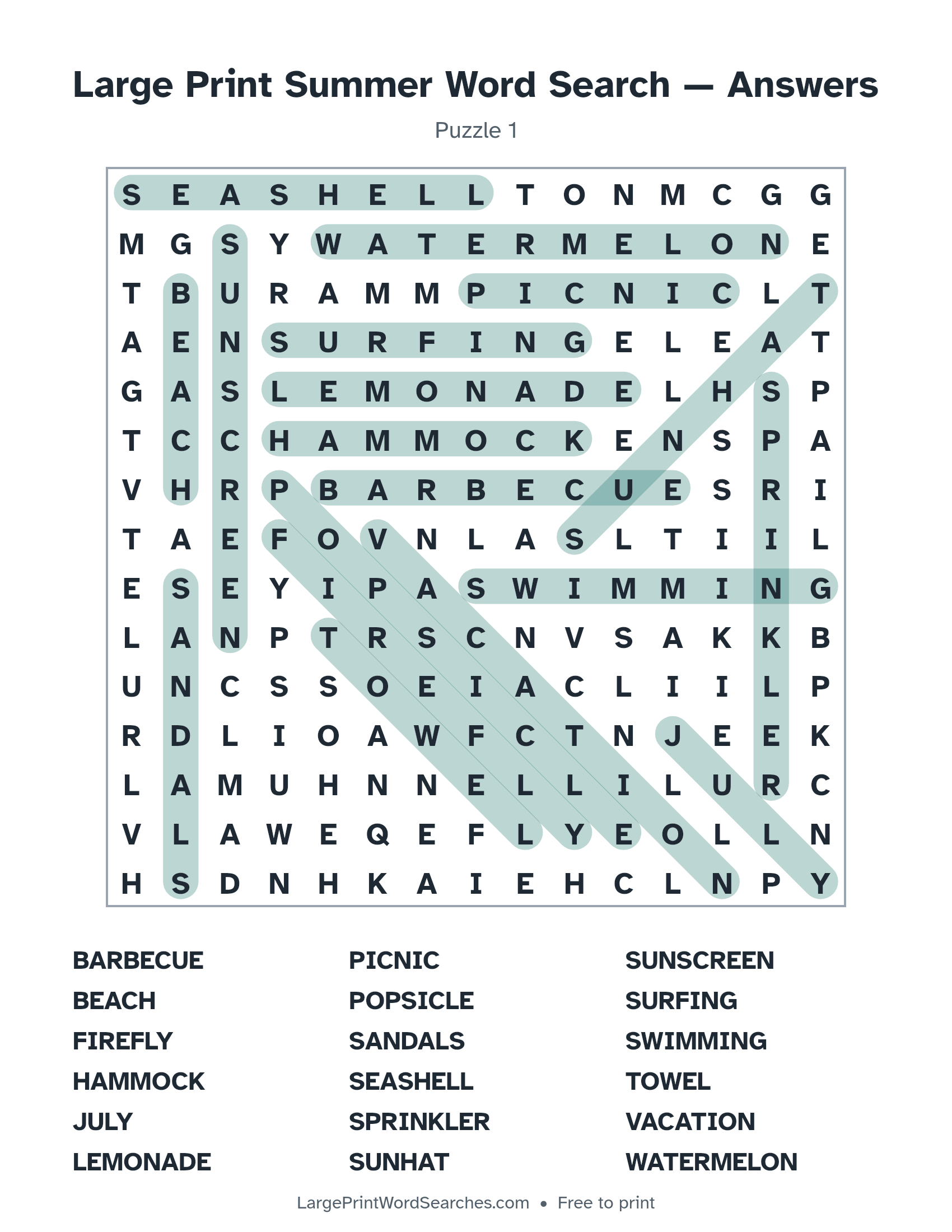 Answer key for large print summer word search puzzle 1 with every hidden word highlighted