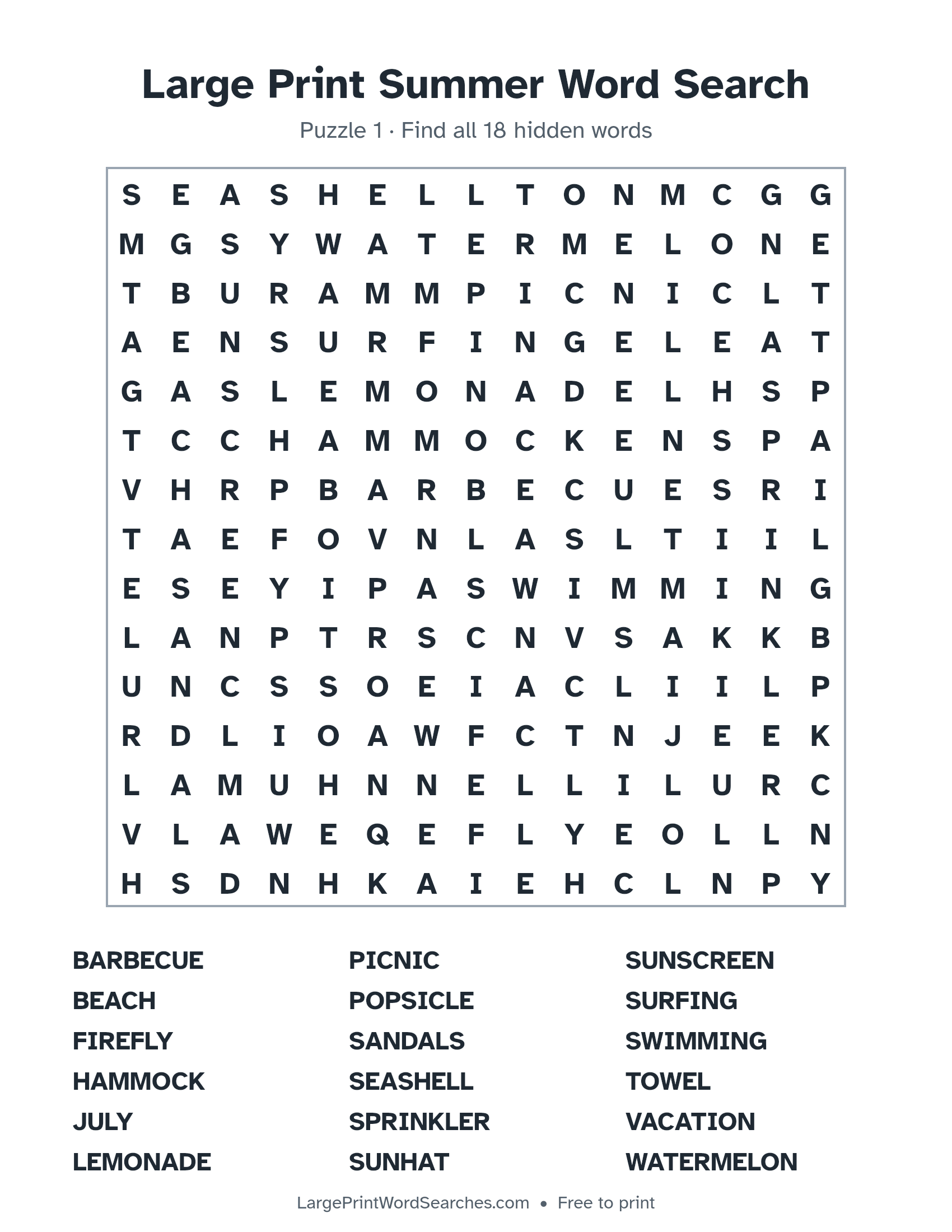 Large Print Summer Word Search puzzle 1: a 15 by 15 letter grid with 18 hidden words in large print