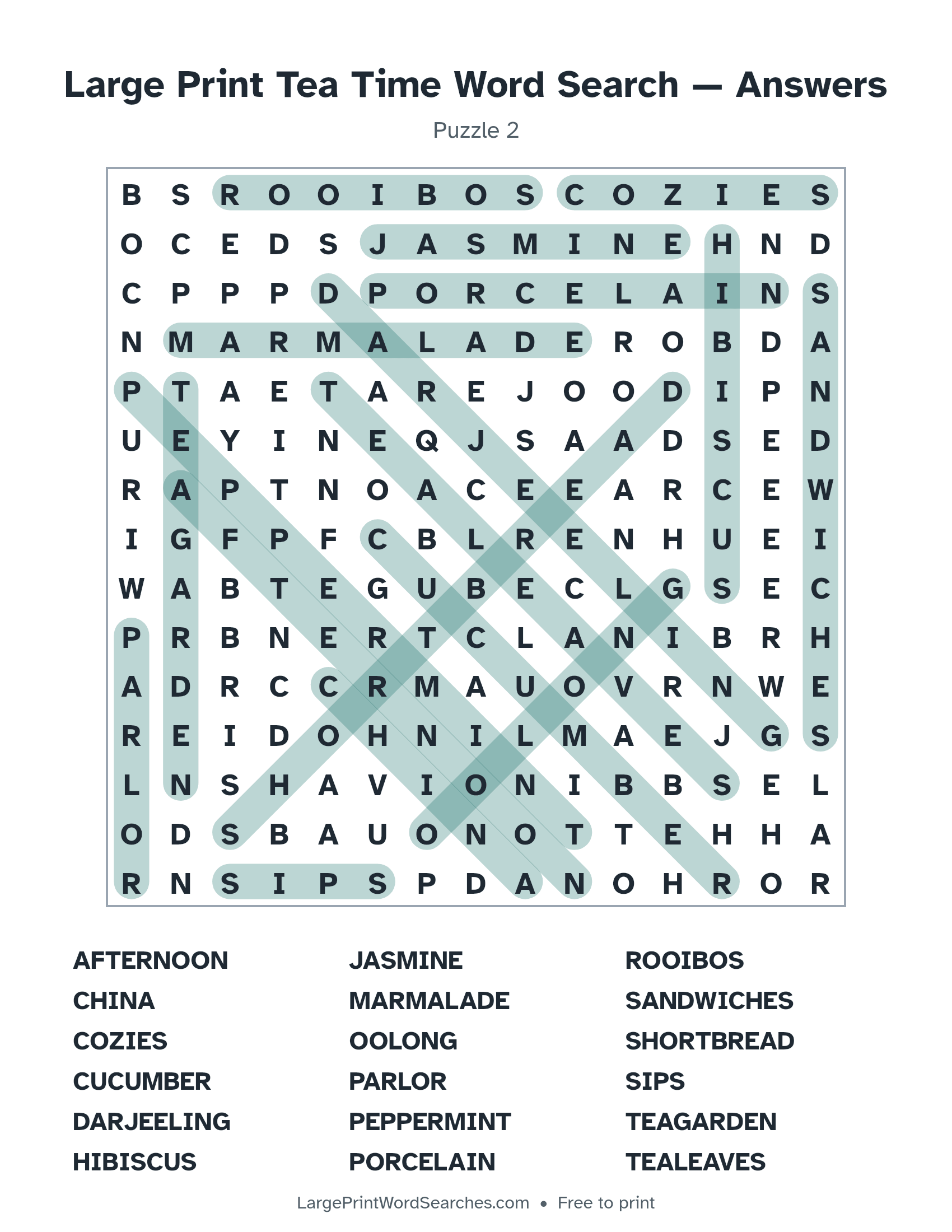 Answer key for large print tea time word search puzzle 2 with every hidden word highlighted