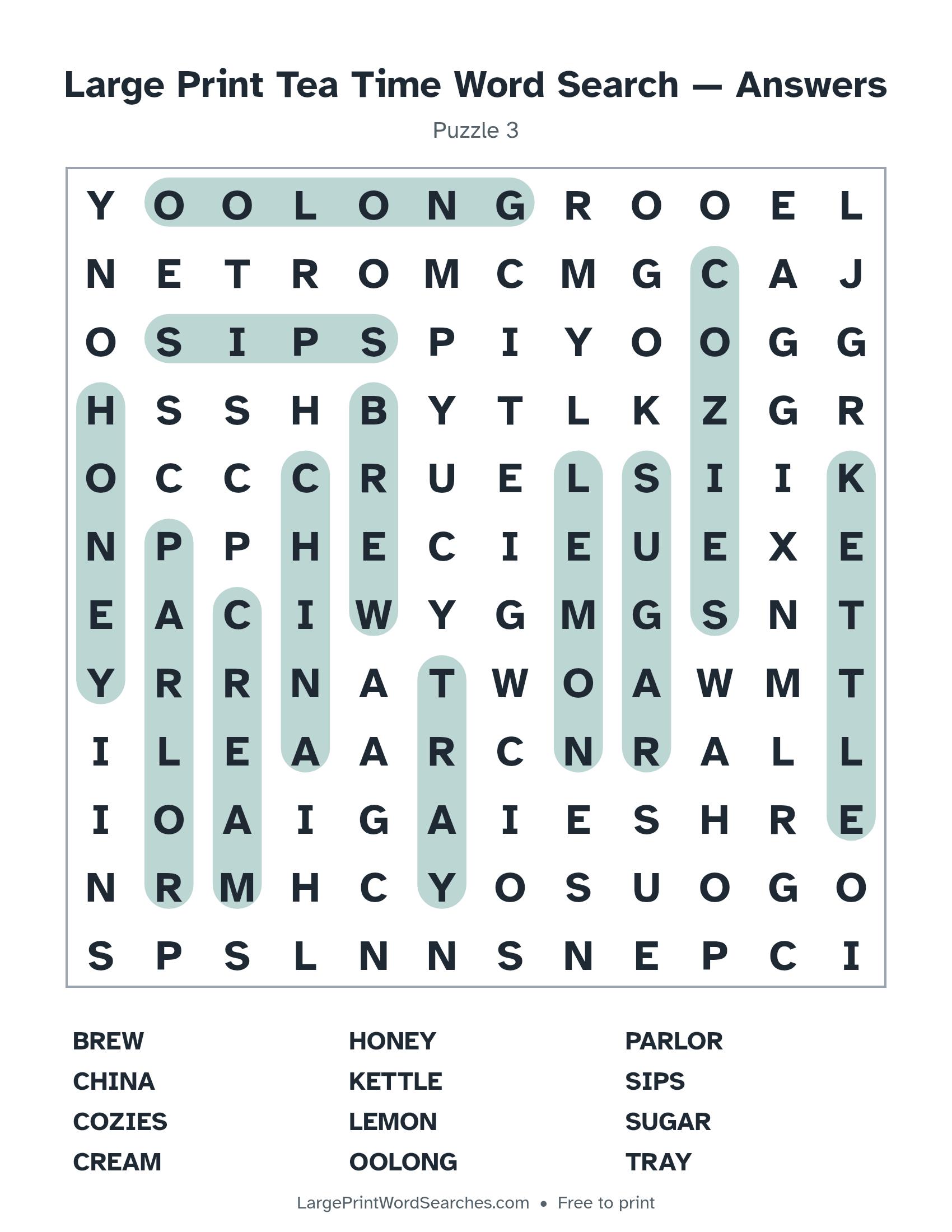 Answer key for large print tea time word search puzzle 3 with every hidden word highlighted