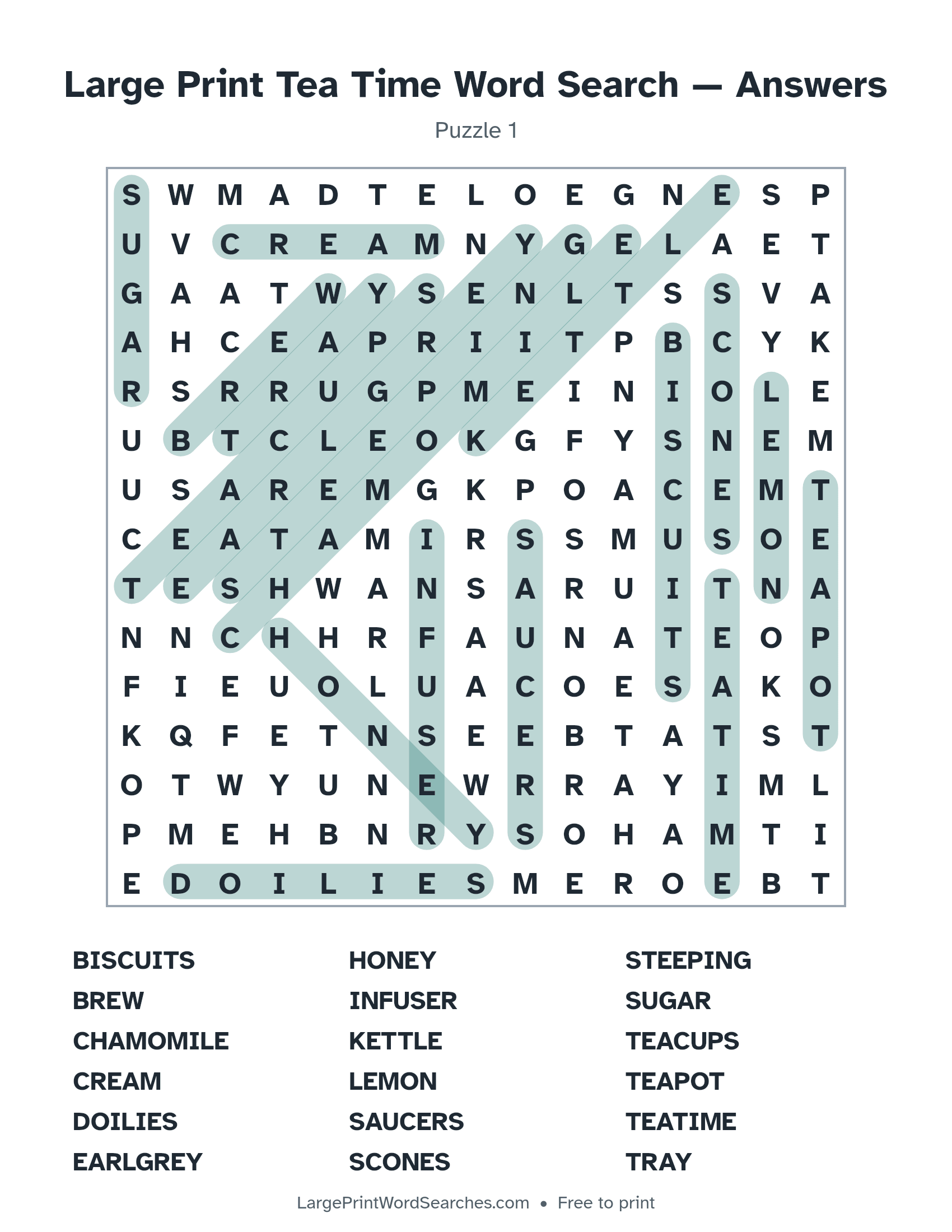 Answer key for large print tea time word search puzzle 1 with every hidden word highlighted