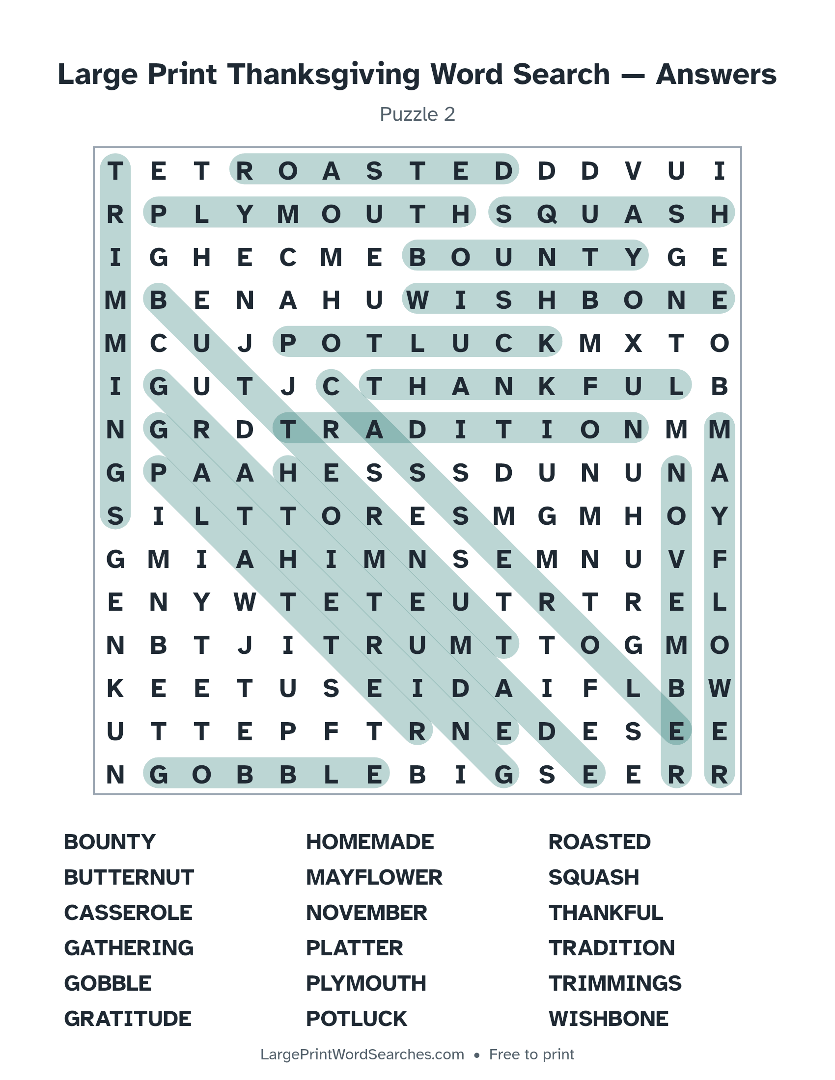 Answer key for large print thanksgiving word search puzzle 2 with every hidden word highlighted