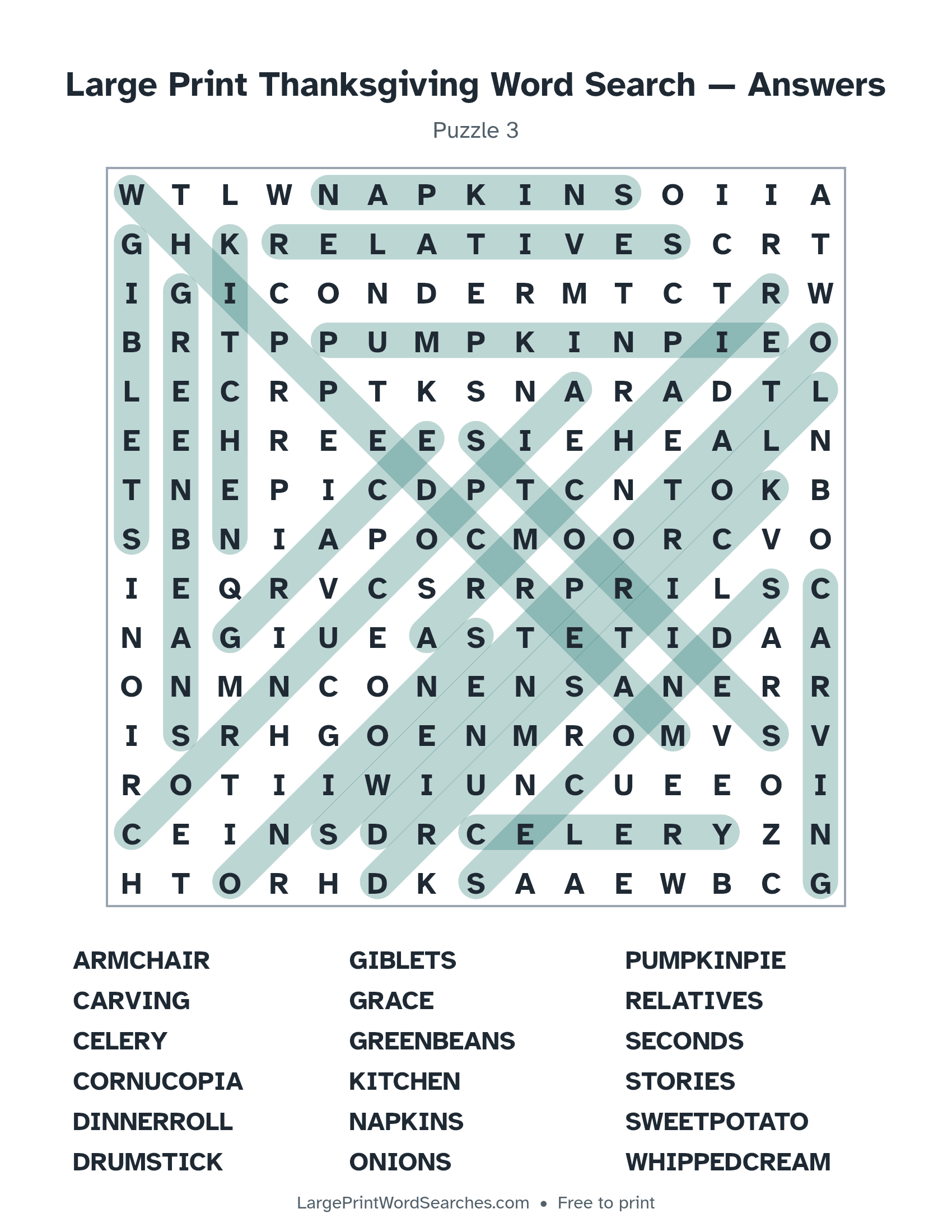 Answer key for large print thanksgiving word search puzzle 3 with every hidden word highlighted