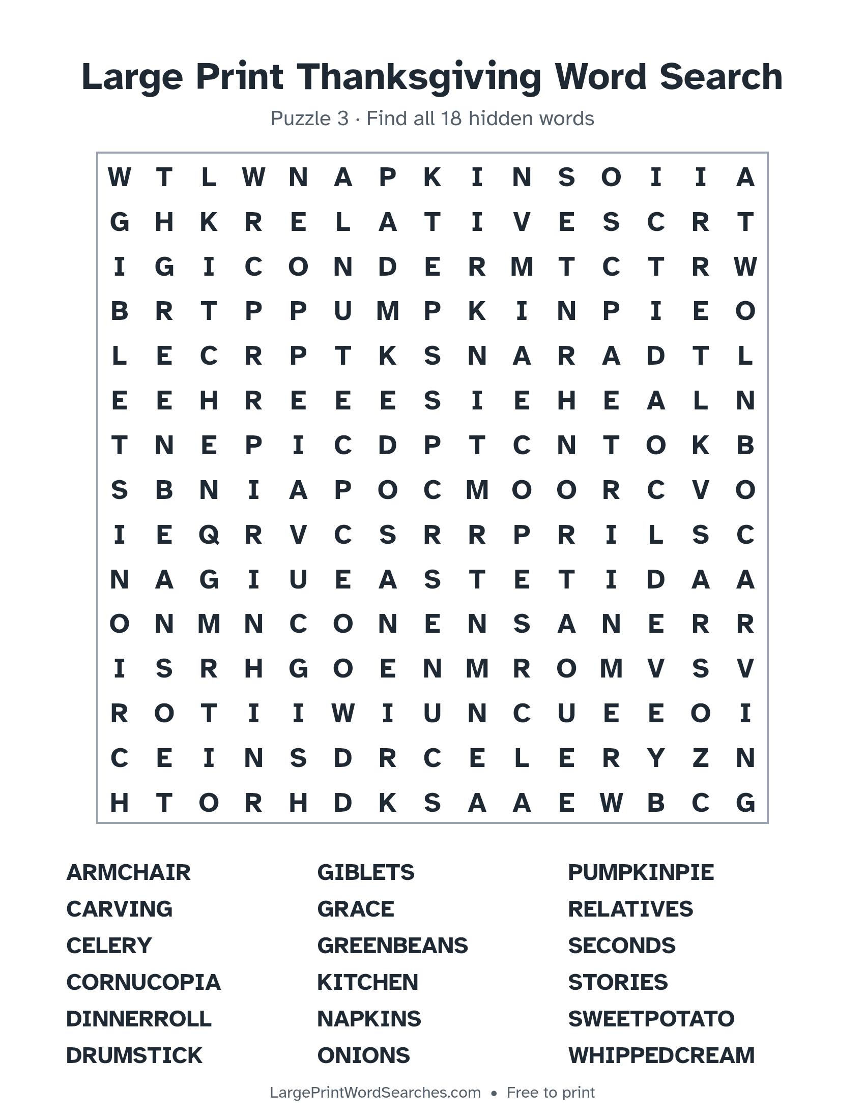 Large Print Thanksgiving Word Search puzzle 3: a 15 by 15 letter grid with 18 hidden words in large print