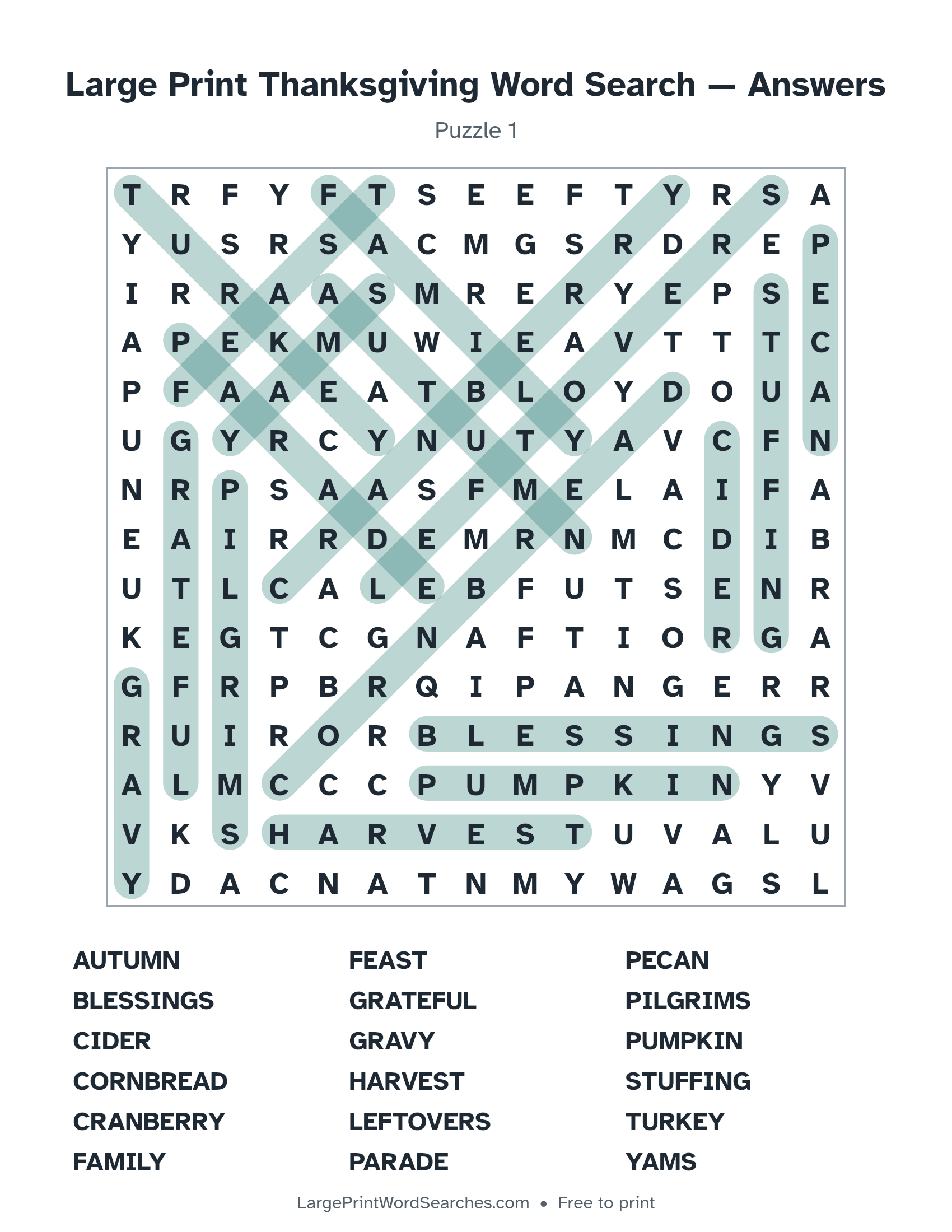 Answer key for large print thanksgiving word search puzzle 1 with every hidden word highlighted