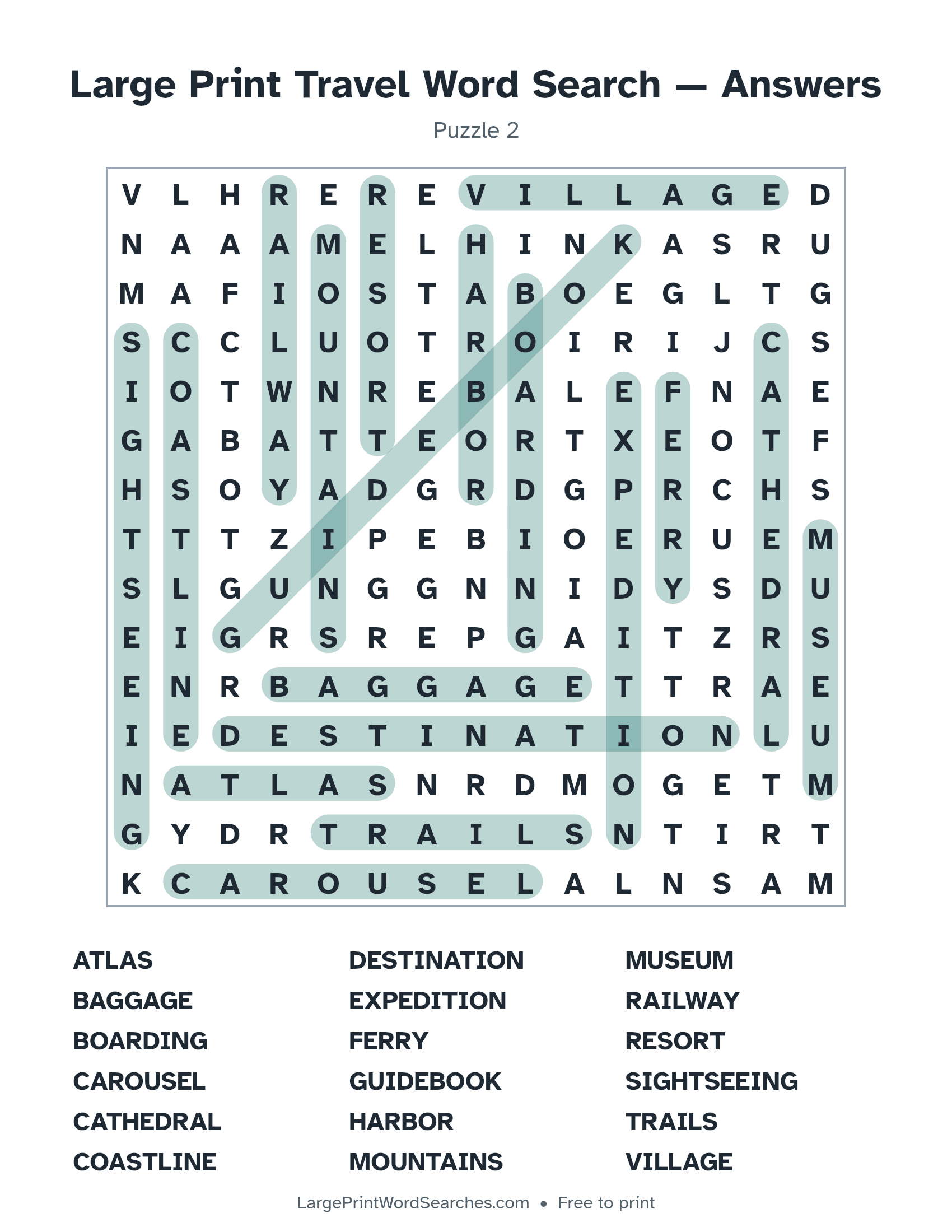 Answer key for large print travel word search puzzle 2 with every hidden word highlighted