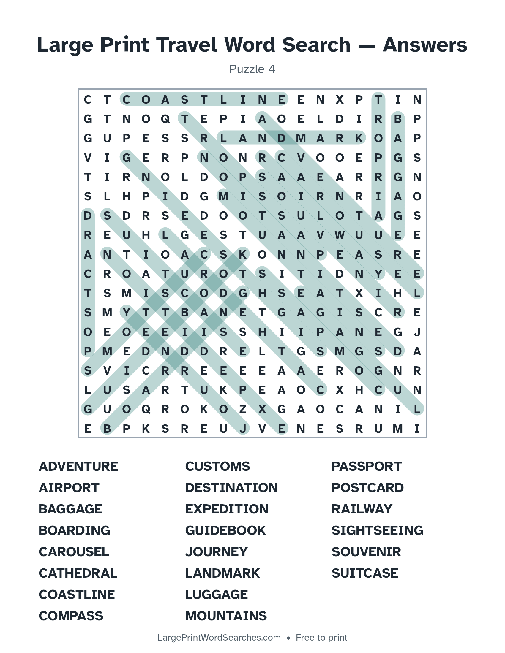 Answer key for large print travel word search puzzle 4 with every hidden word highlighted
