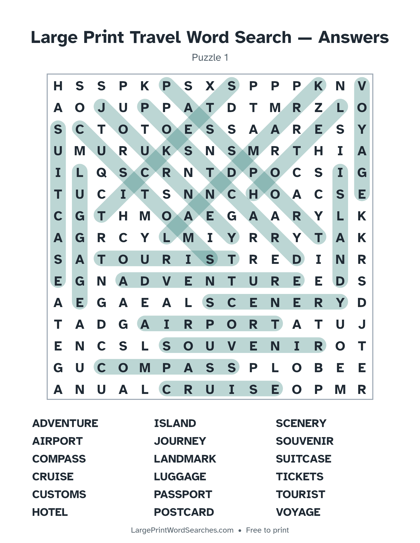 Answer key for large print travel word search puzzle 1 with every hidden word highlighted