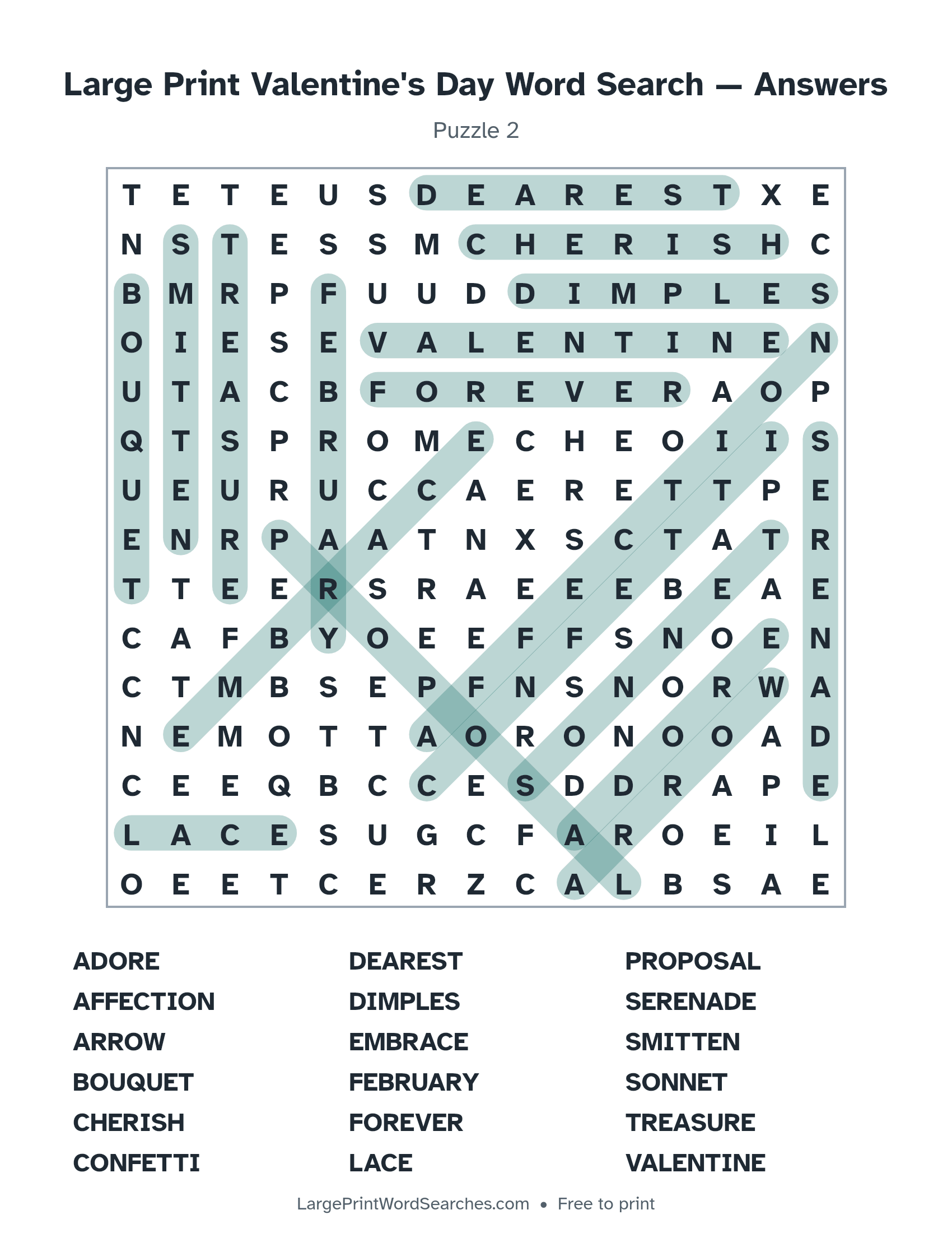 Answer key for large print valentine's day word search puzzle 2 with every hidden word highlighted