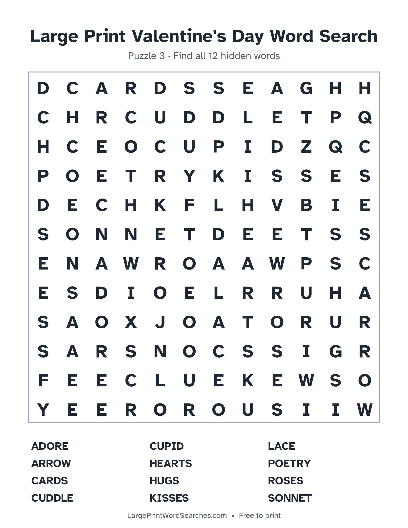 Large Print Valentine's Day Word Search puzzle 3: a 12 by 12 letter grid with 12 hidden words in large print