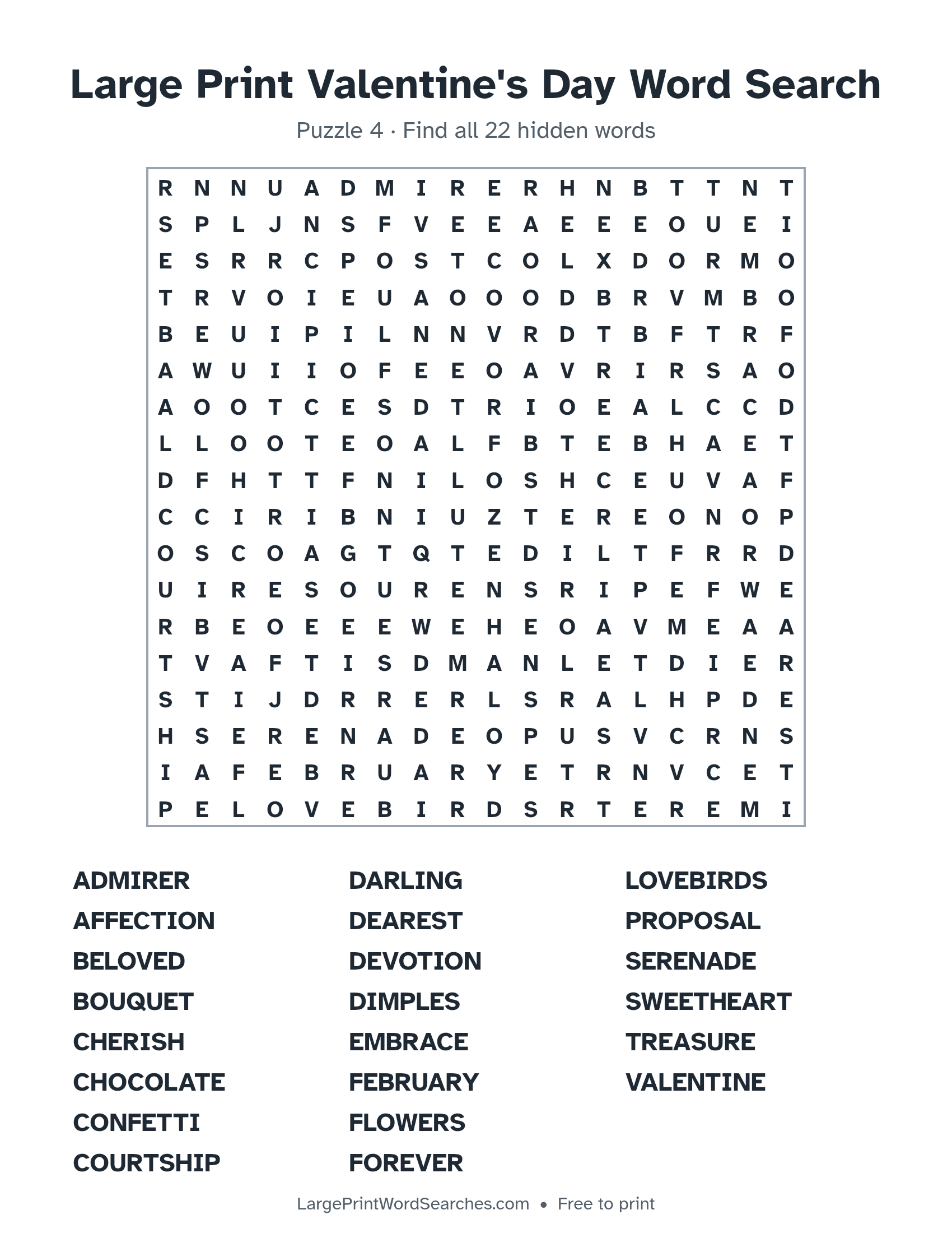 Large Print Valentine's Day Word Search puzzle 4: a 18 by 18 letter grid with 22 hidden words in large print