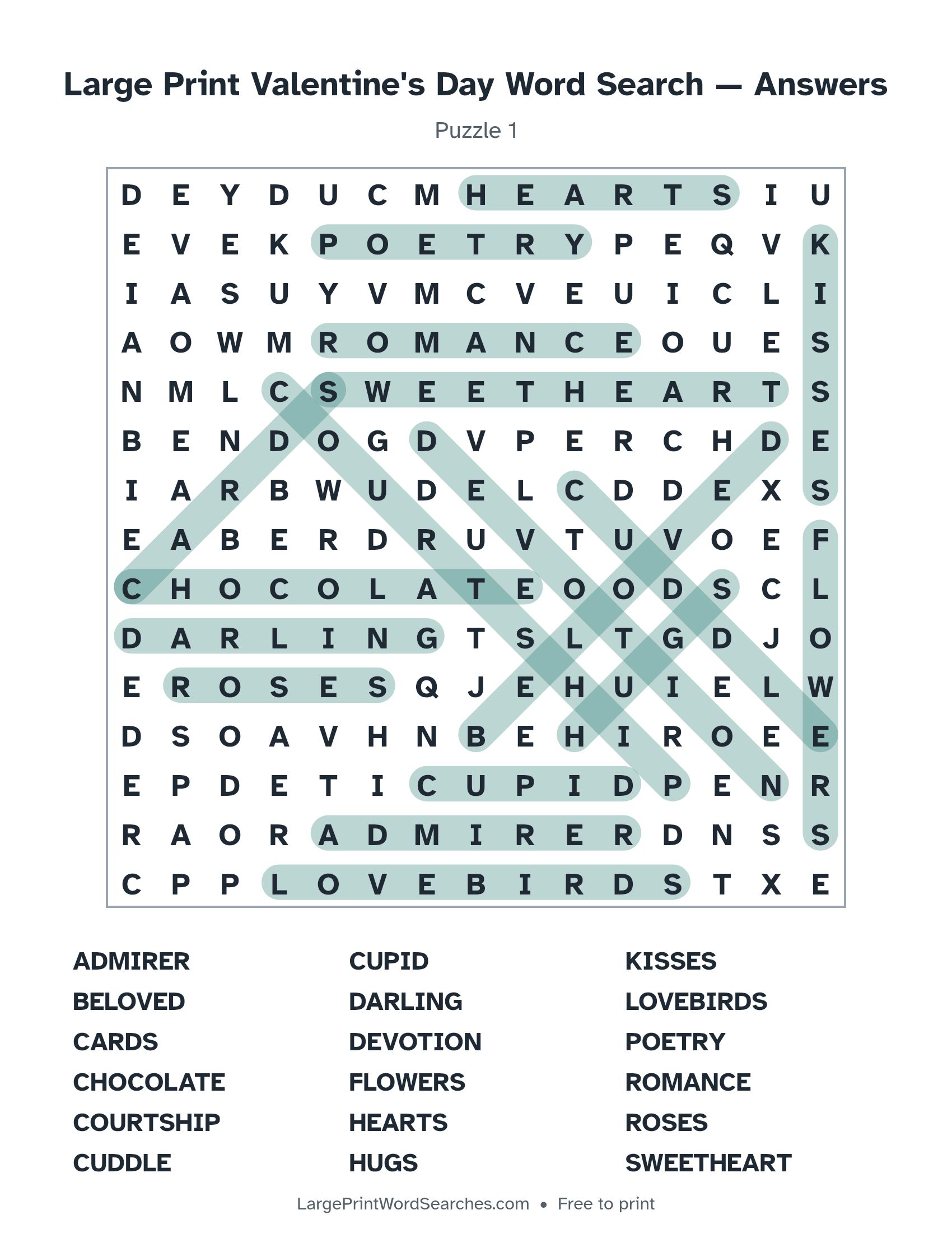 Answer key for large print valentine's day word search puzzle 1 with every hidden word highlighted