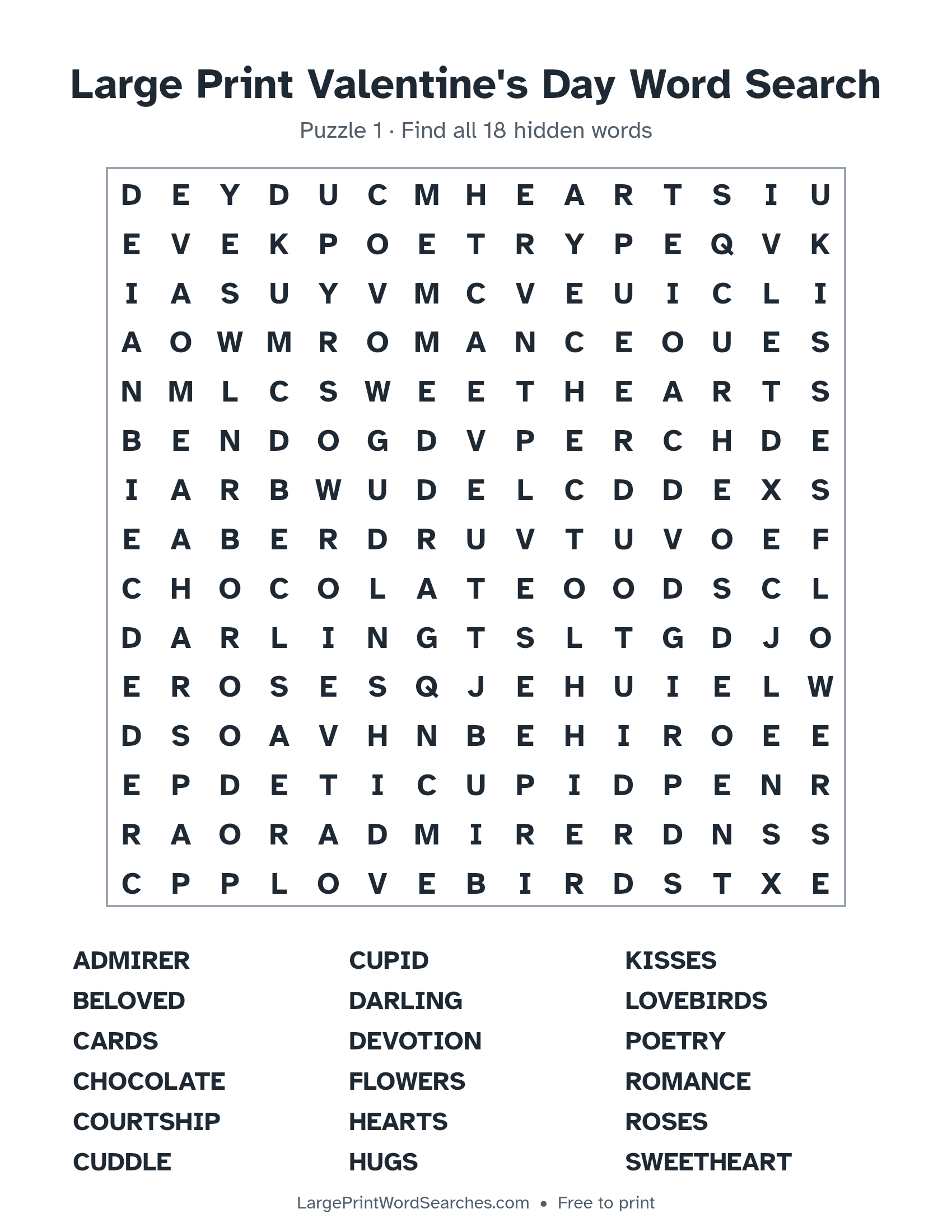 Large Print Valentine's Day Word Search puzzle 1: a 15 by 15 letter grid with 18 hidden words in large print