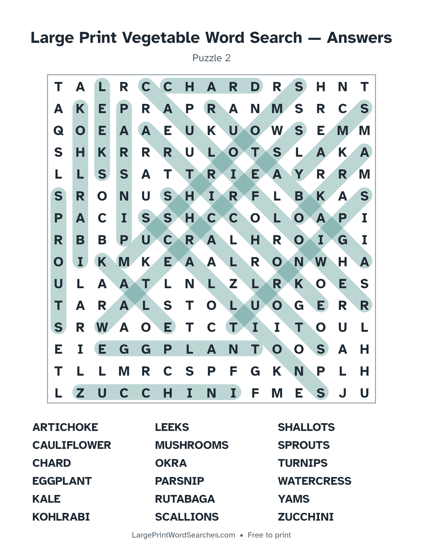 Answer key for large print vegetable word search puzzle 2 with every hidden word highlighted