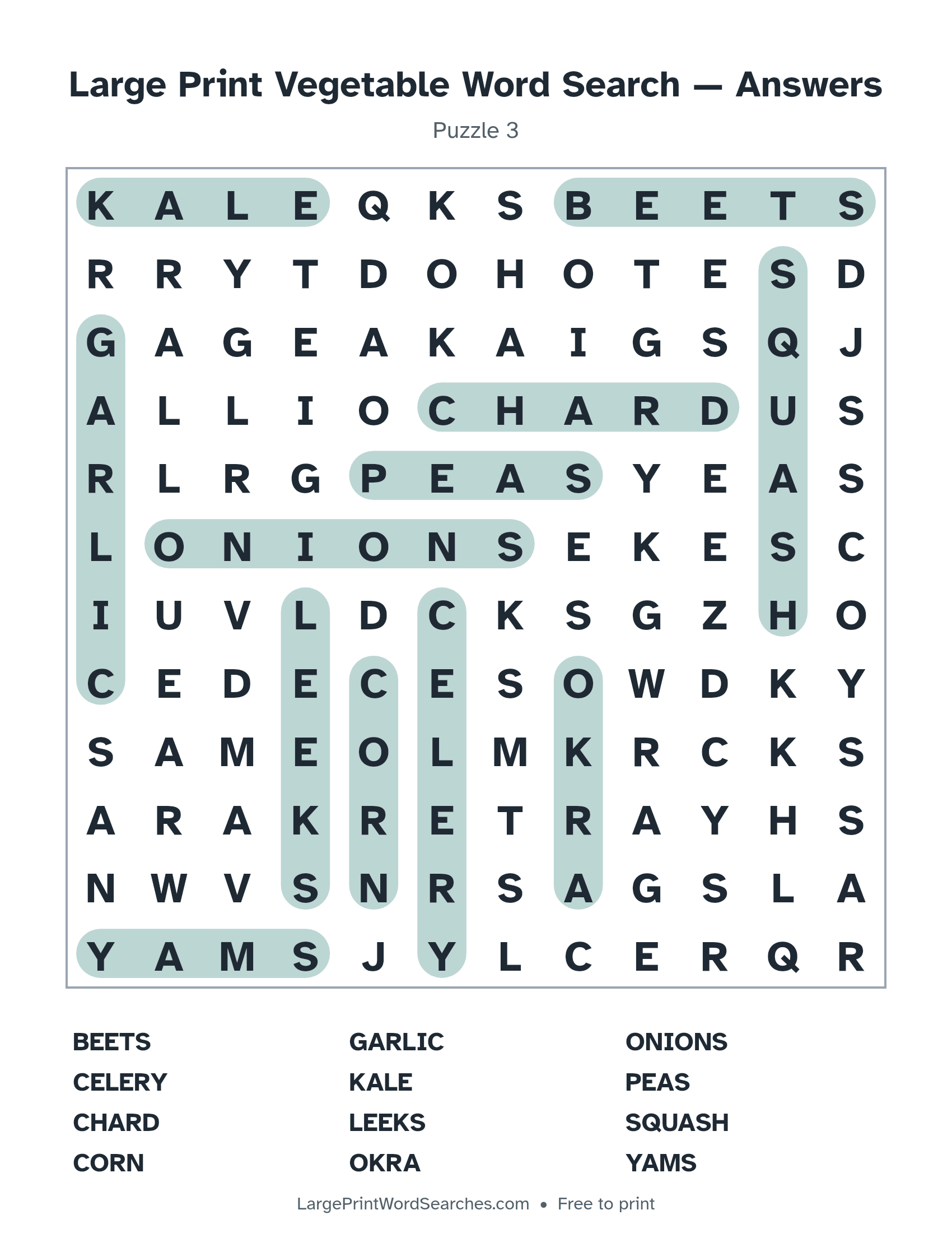 Answer key for large print vegetable word search puzzle 3 with every hidden word highlighted