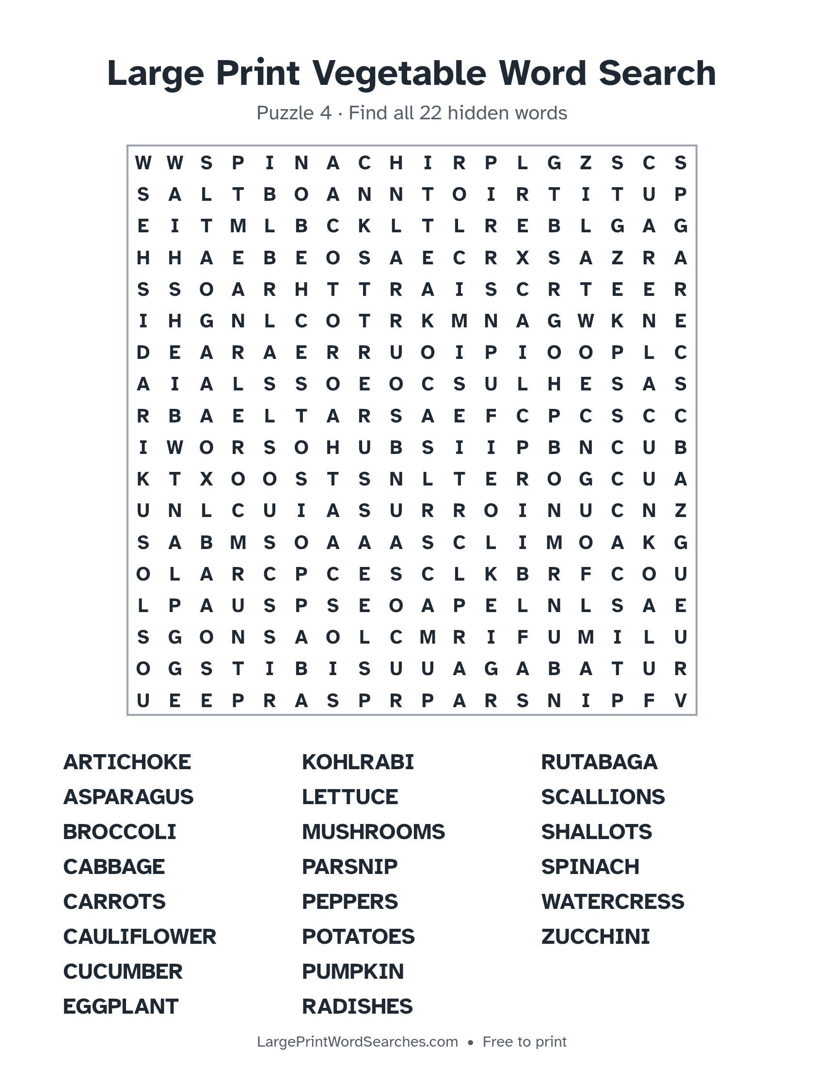 Large Print Vegetable Word Search puzzle 4: a 18 by 18 letter grid with 22 hidden words in large print