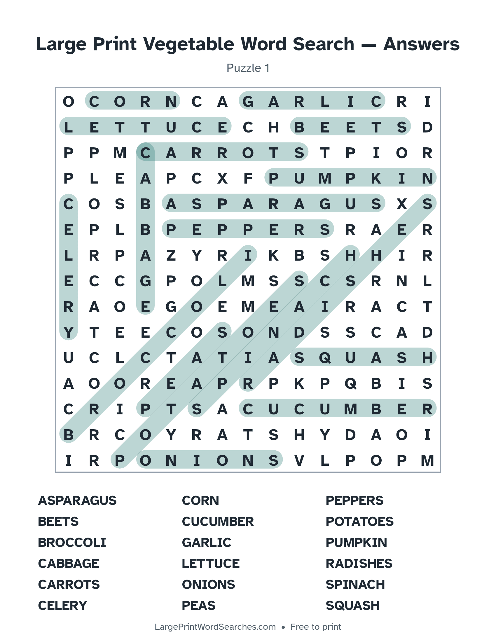 Answer key for large print vegetable word search puzzle 1 with every hidden word highlighted