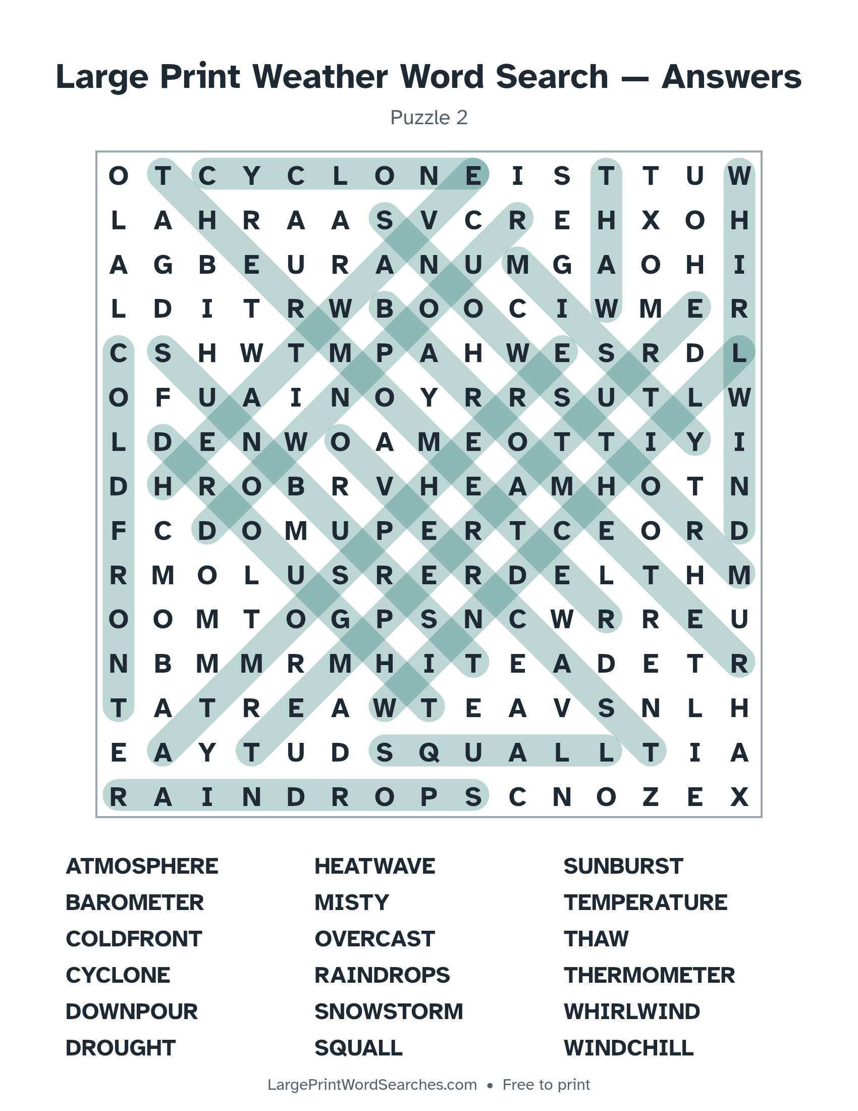 Answer key for large print weather word search puzzle 2 with every hidden word highlighted