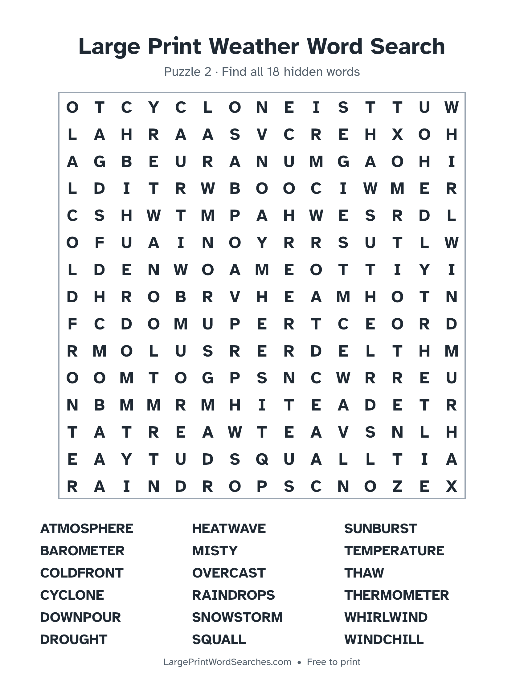 Large Print Weather Word Search puzzle 2: a 15 by 15 letter grid with 18 hidden words in large print