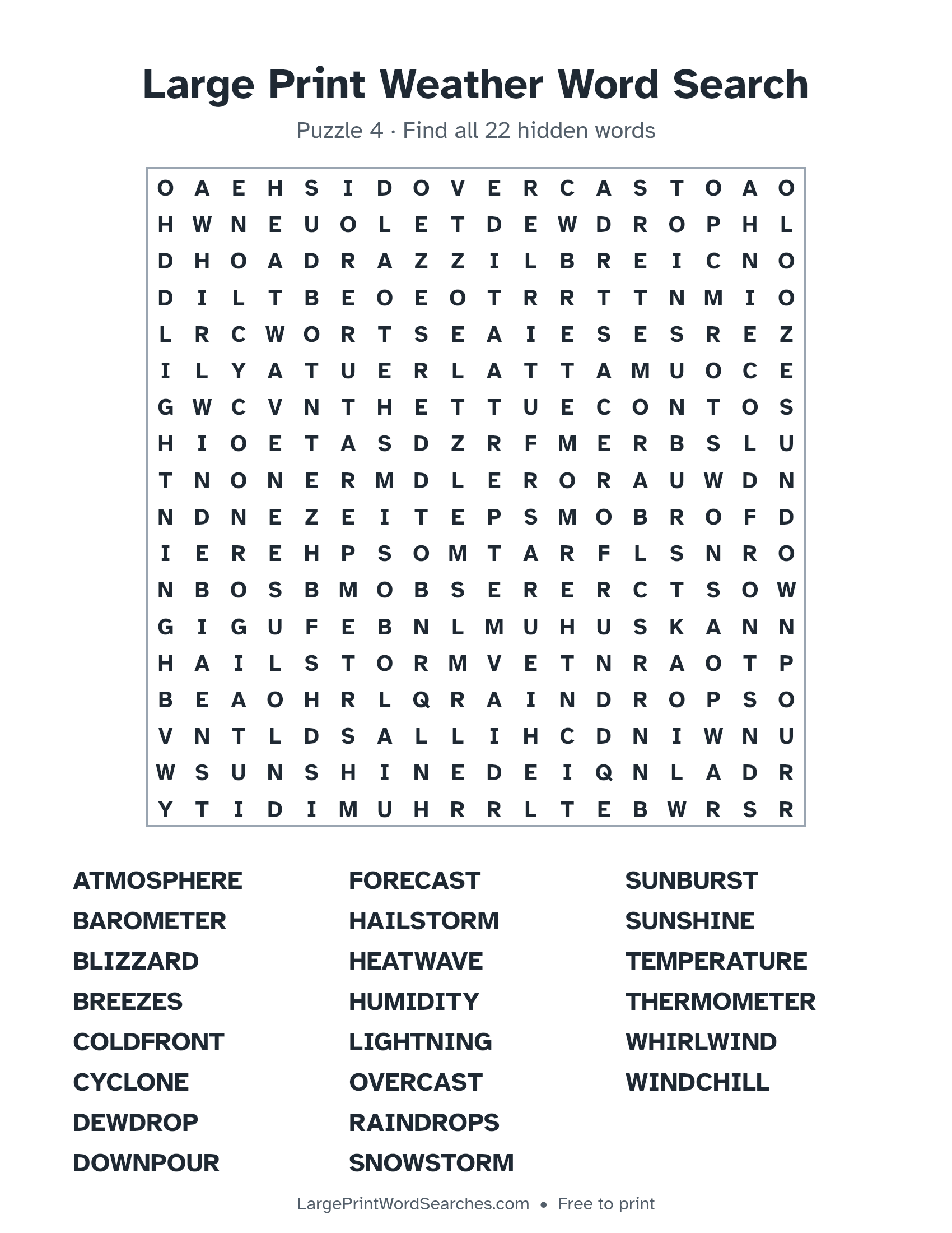 Large Print Weather Word Search puzzle 4: a 18 by 18 letter grid with 22 hidden words in large print